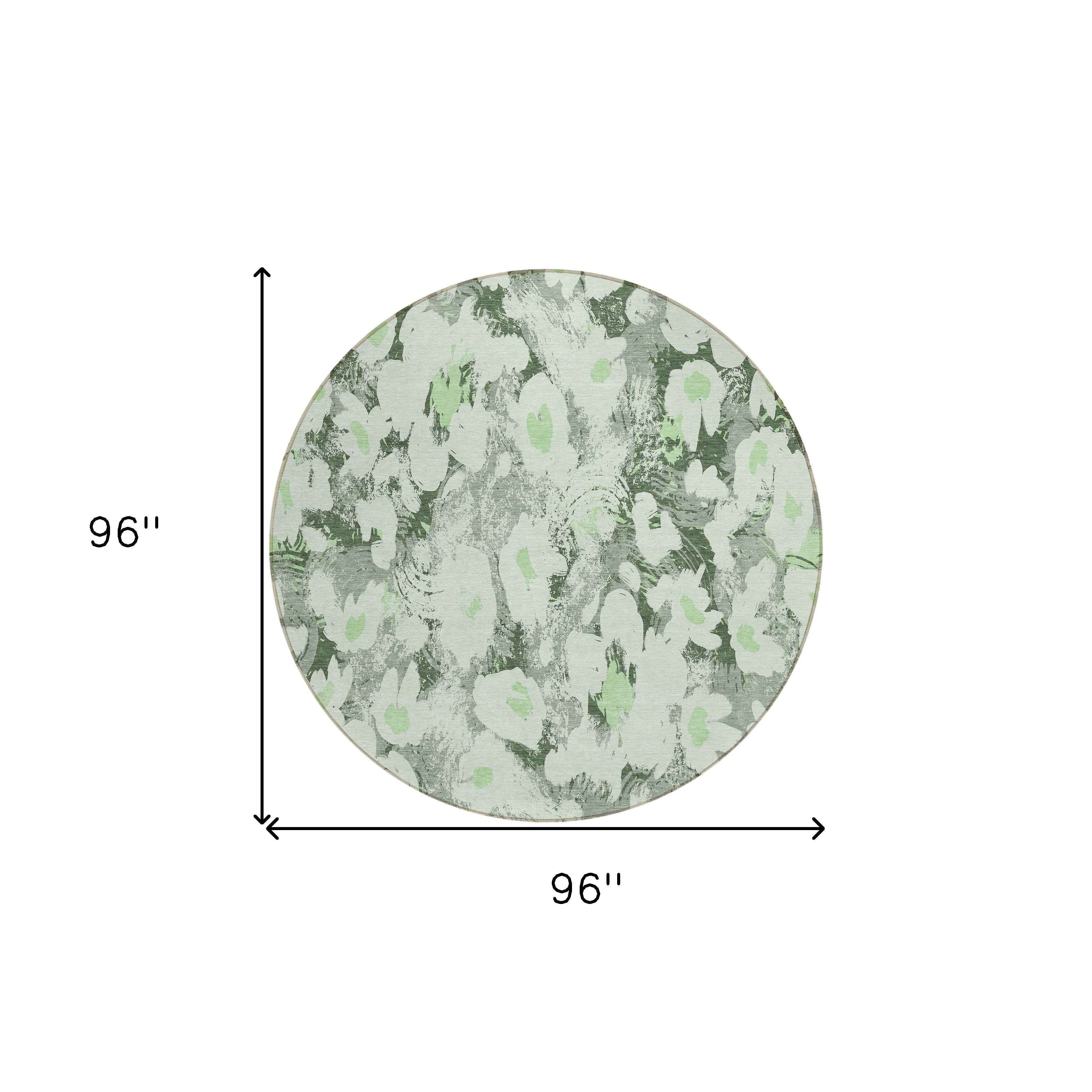 8' Round Artichoke Green Round Floral Washable Non Skid Indoor Outdoor Area Rug