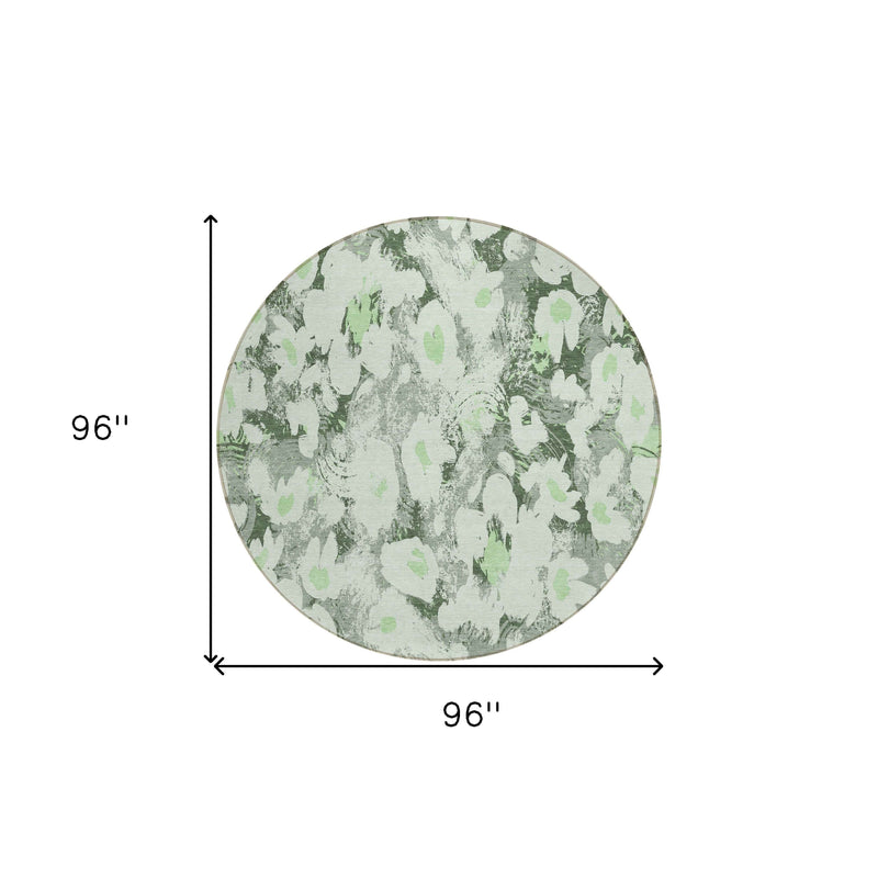 8' Round Artichoke Green Round Floral Washable Non Skid Indoor Outdoor Area Rug