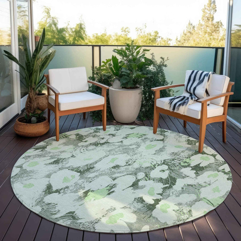 8' Round Artichoke Green Round Floral Washable Non Skid Indoor Outdoor Area Rug