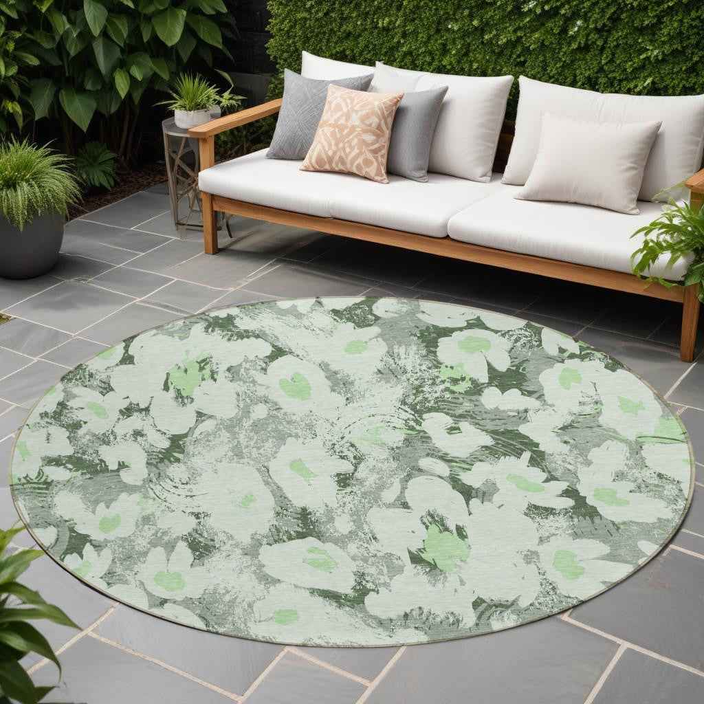 8' Round Artichoke Green Round Floral Washable Non Skid Indoor Outdoor Area Rug