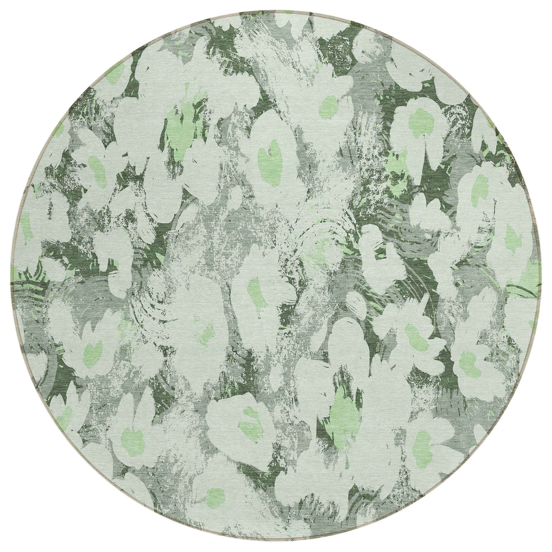8' Round Artichoke Green Round Floral Washable Non Skid Indoor Outdoor Area Rug
