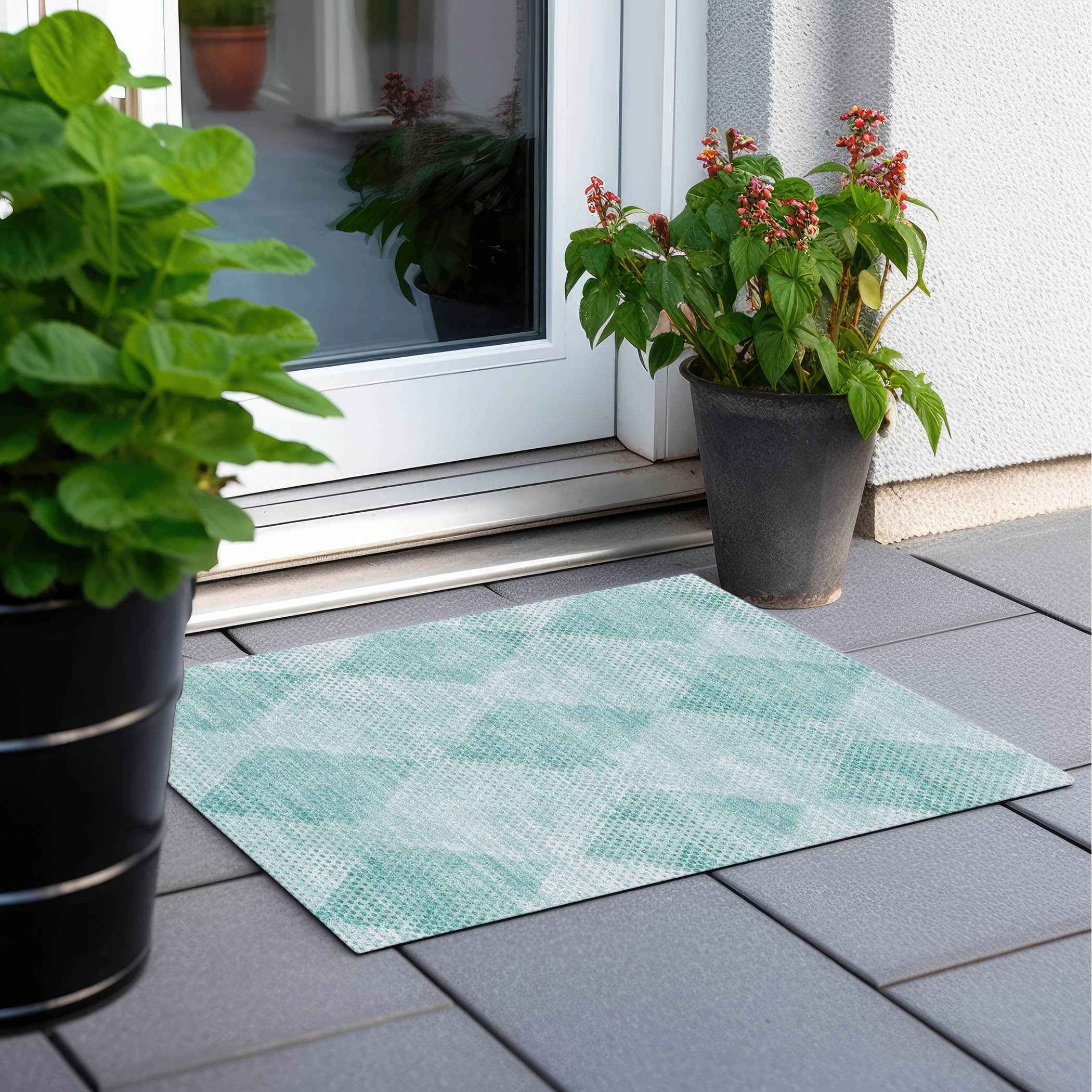 2' X 3' Teal Geometric Washable Non Skid Indoor Outdoor Area Rug