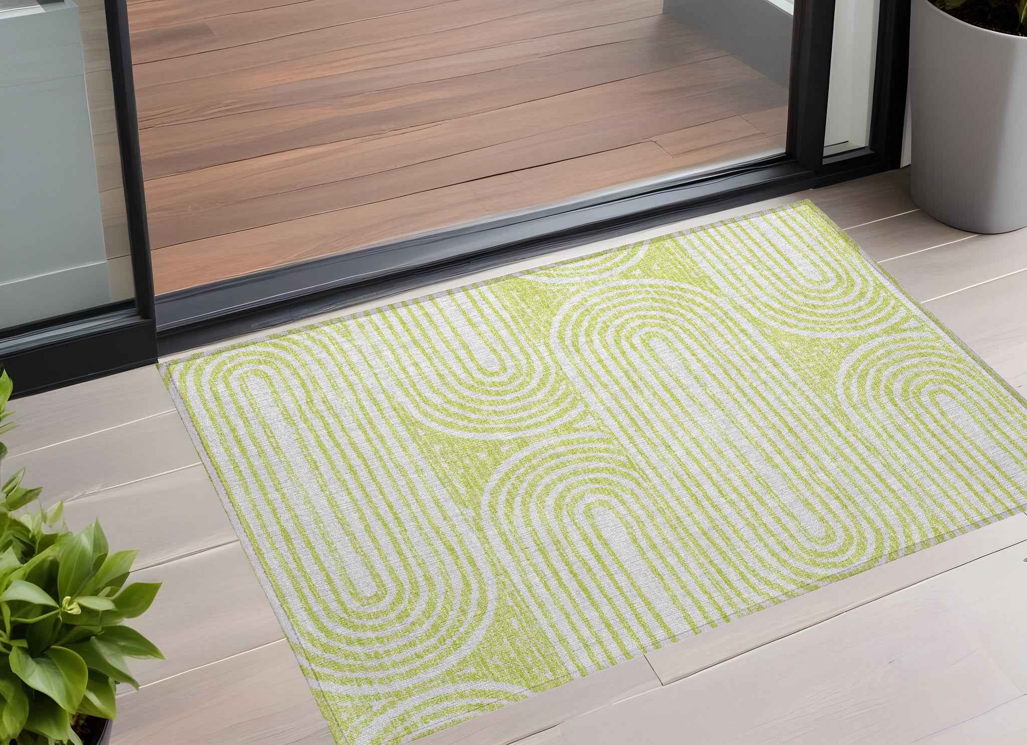 2' X 3' Green and White Abstract Washable Non Skid Indoor Outdoor Area Rug