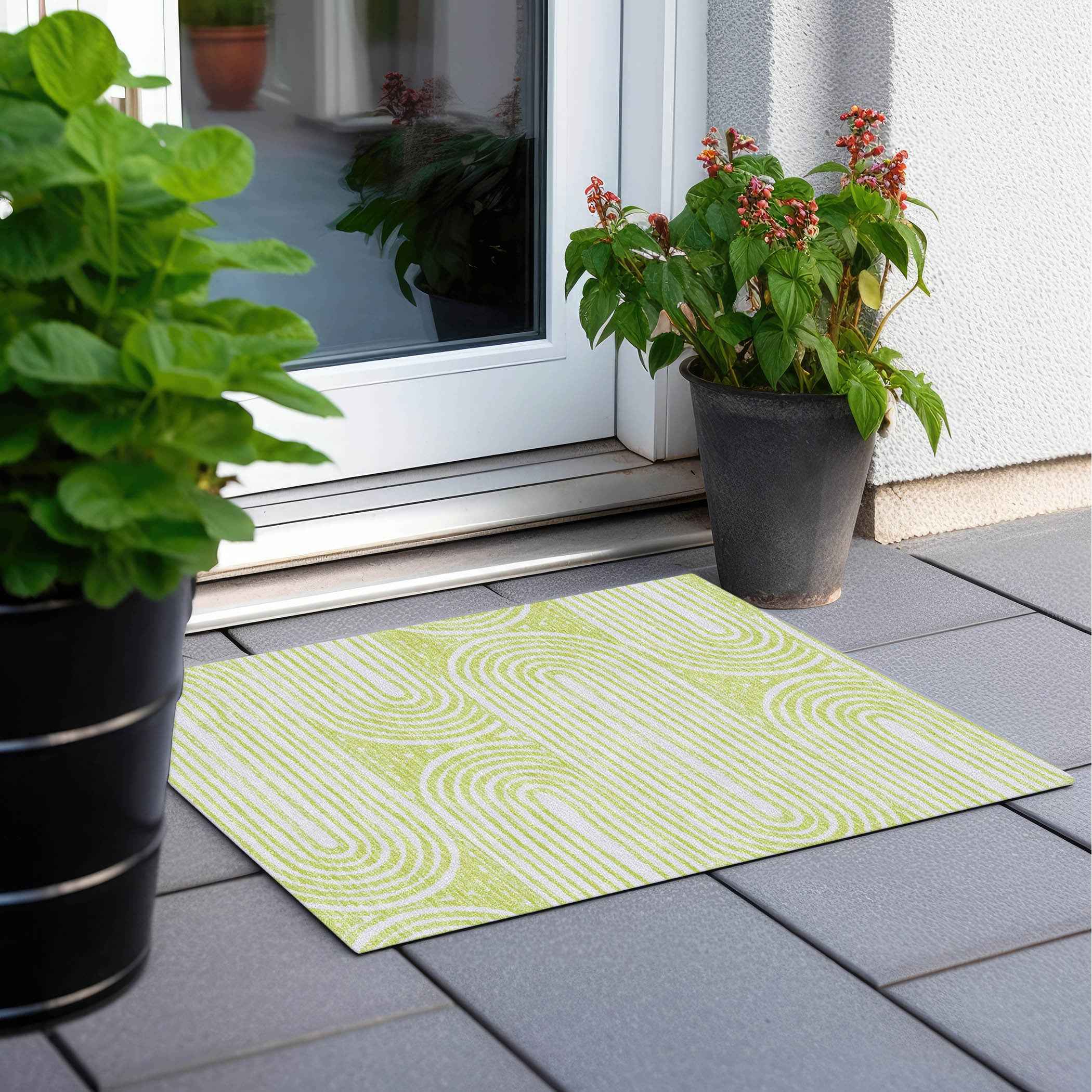 2' X 3' Green and White Abstract Washable Non Skid Indoor Outdoor Area Rug