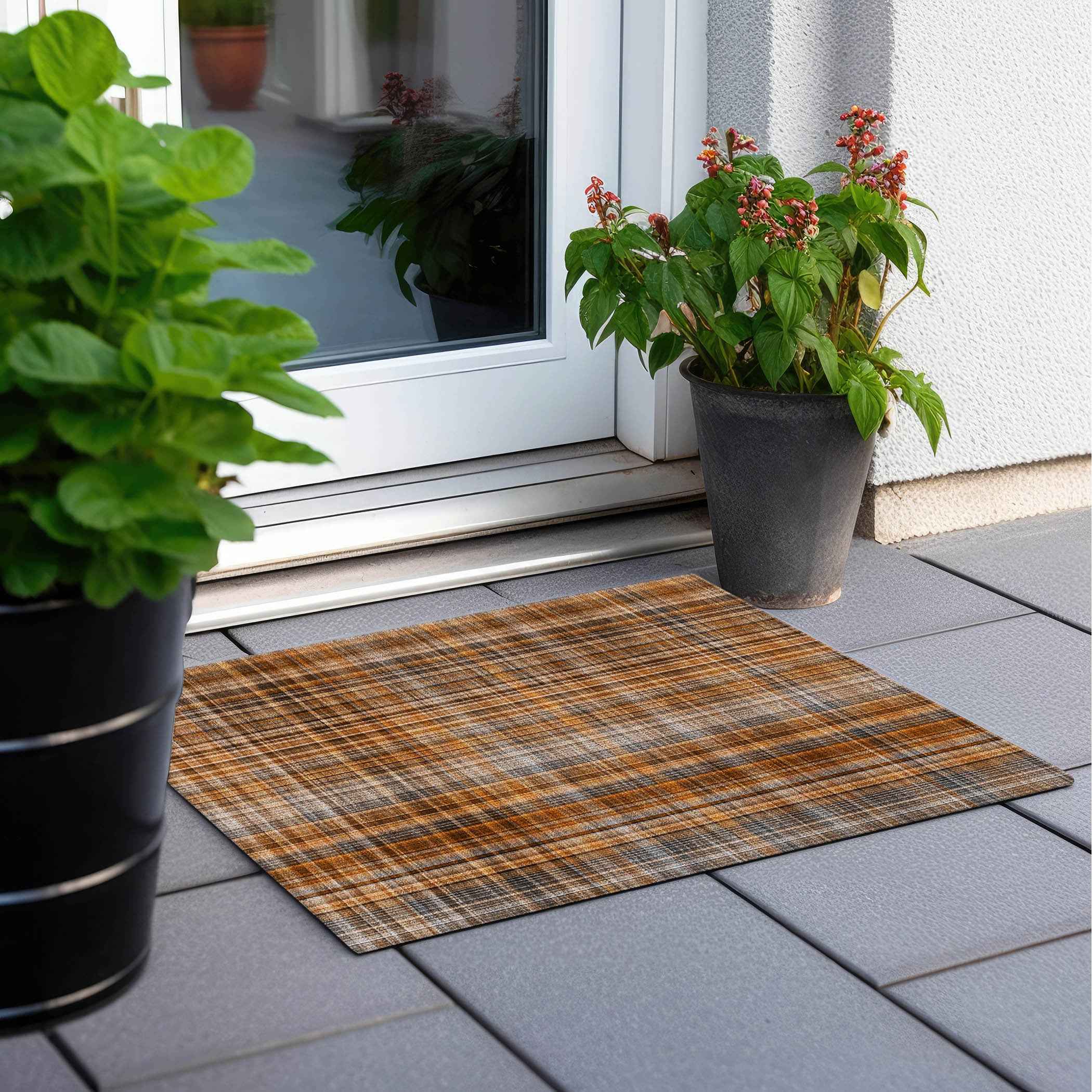 2' X 3' Orange Brown and Gray Plaid Washable Non Skid Indoor Outdoor Area Rug