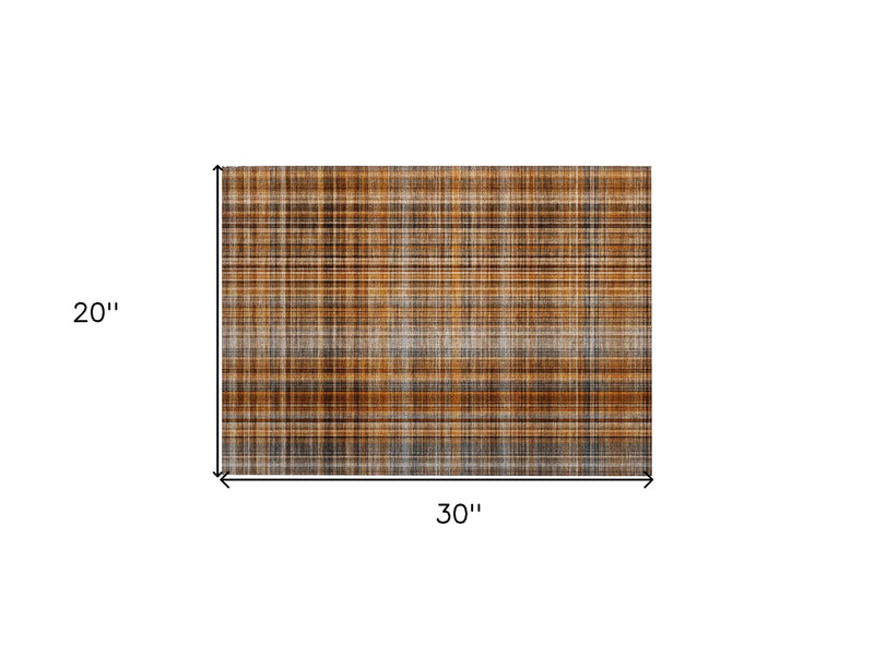 2' X 3' Orange Brown and Gray Plaid Washable Non Skid Indoor Outdoor Area Rug