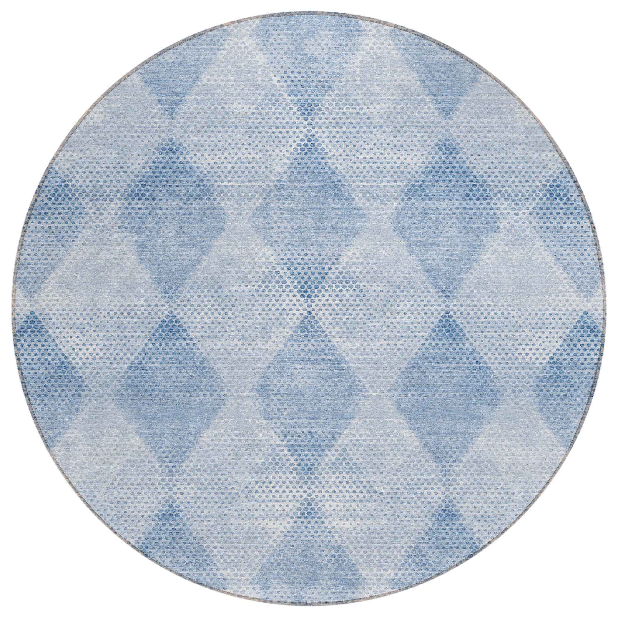 8' Round Blue Round Geometric Washable Non Skid Indoor Outdoor Area Rug