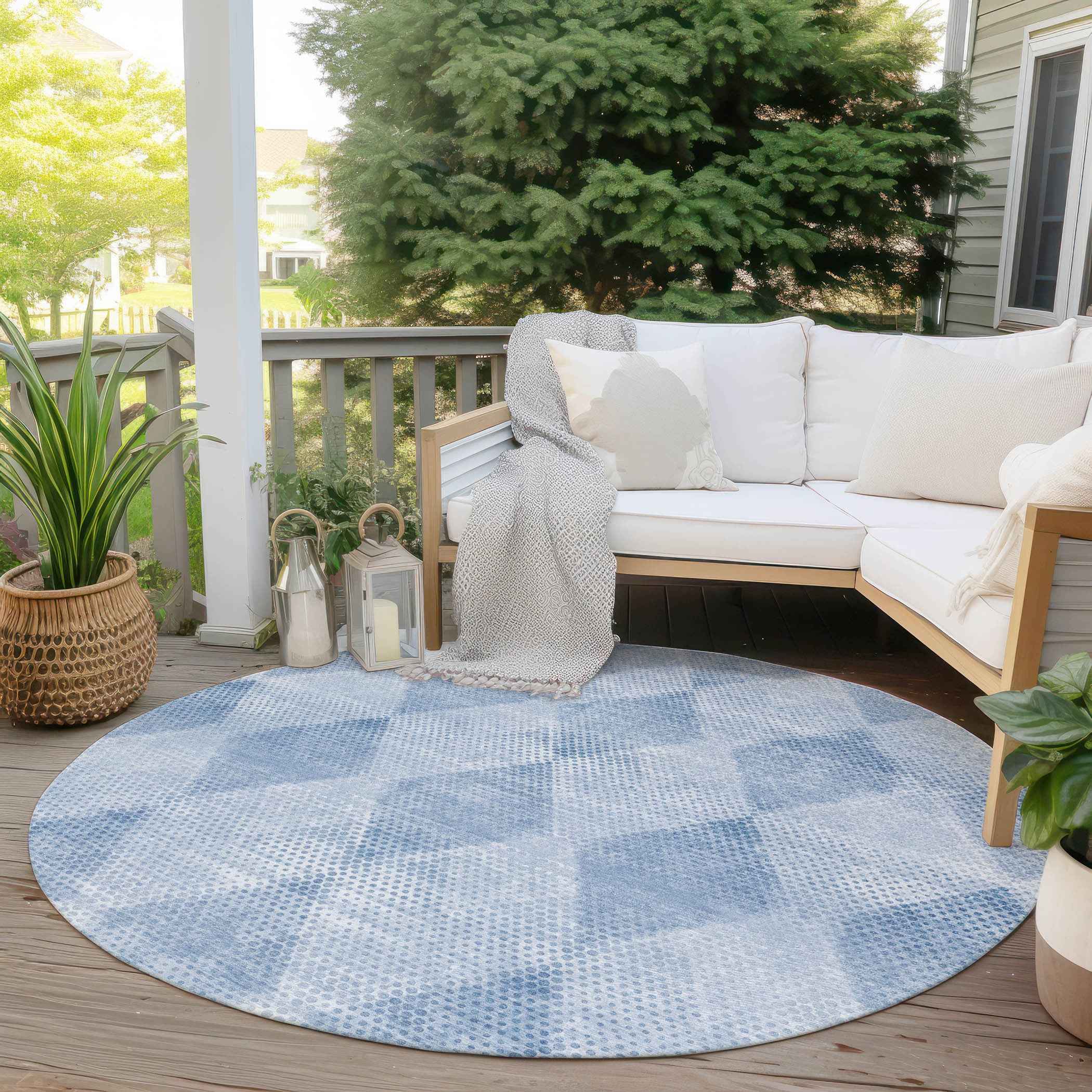 8' Round Blue Round Geometric Washable Non Skid Indoor Outdoor Area Rug