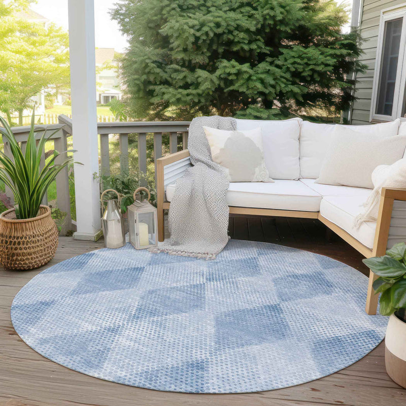 8' Round Blue Round Geometric Washable Non Skid Indoor Outdoor Area Rug
