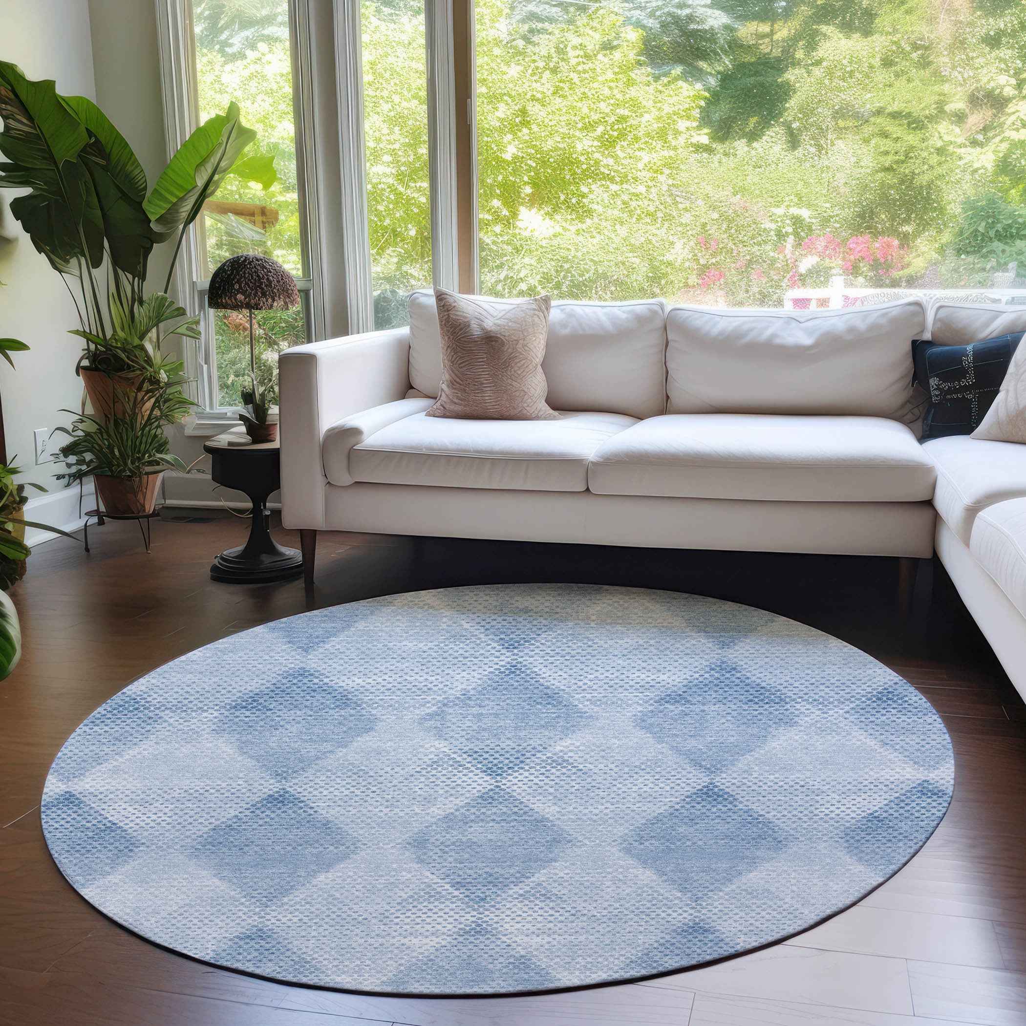 8' Round Blue Round Geometric Washable Non Skid Indoor Outdoor Area Rug