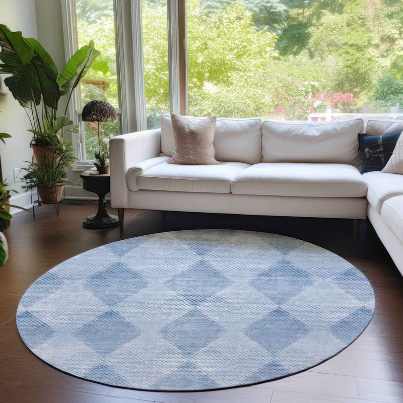 8' Round Blue Round Geometric Washable Non Skid Indoor Outdoor Area Rug