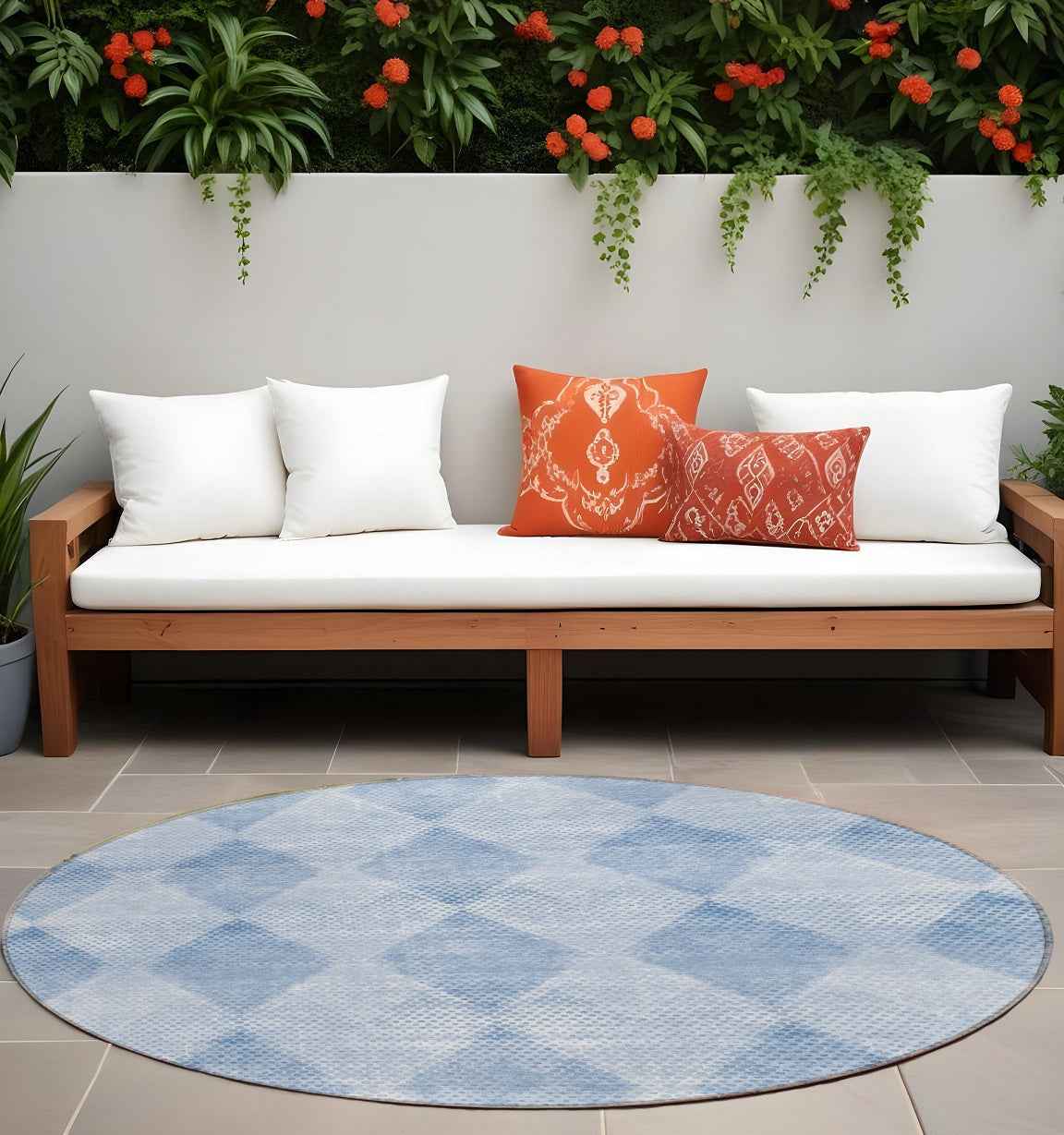 8' Round Blue Round Geometric Washable Non Skid Indoor Outdoor Area Rug