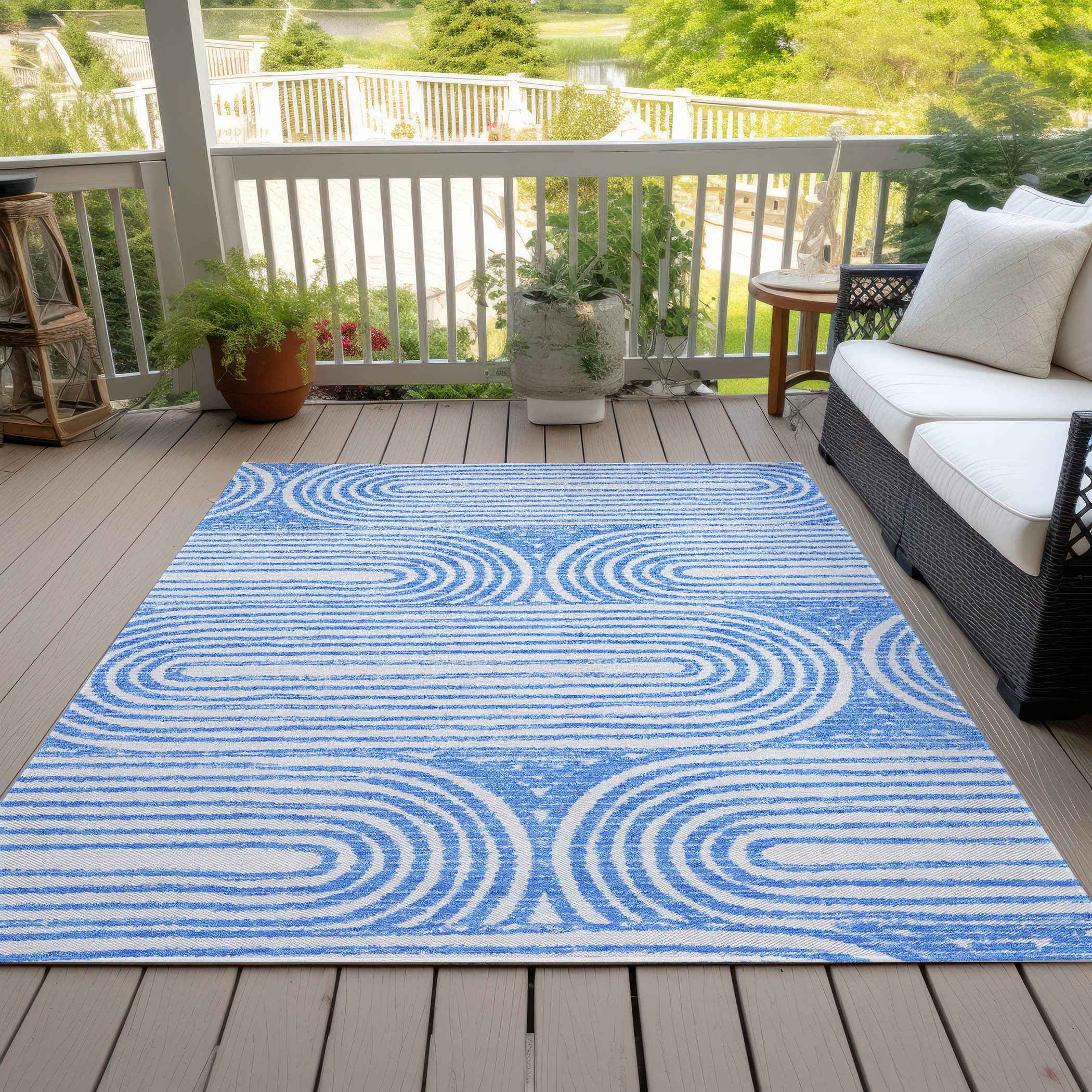 8' X 10' Blue and White Abstract Washable Non Skid Indoor Outdoor Area Rug