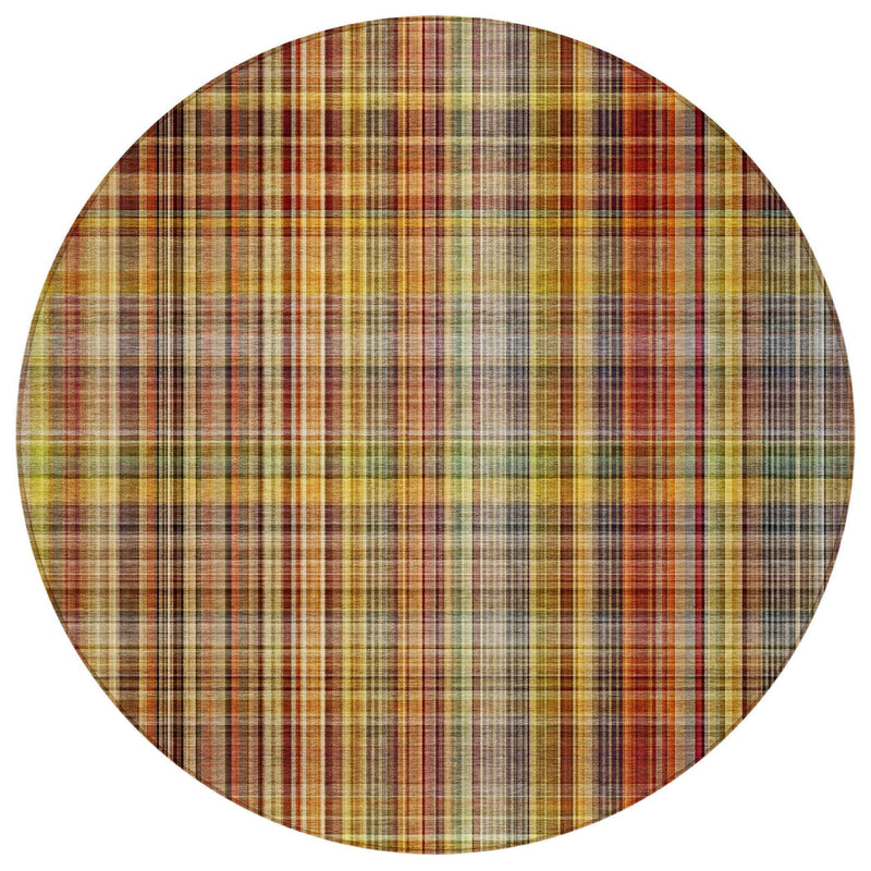 8' Round Orange Round Plaid Washable Non Skid Indoor Outdoor Area Rug