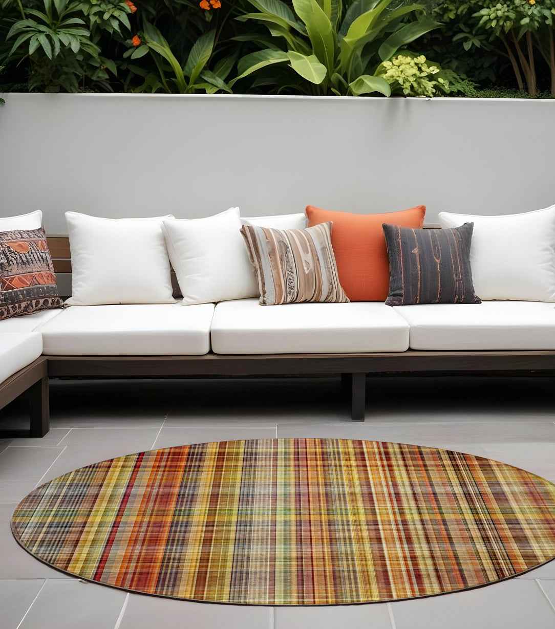 8' Round Orange Round Plaid Washable Non Skid Indoor Outdoor Area Rug