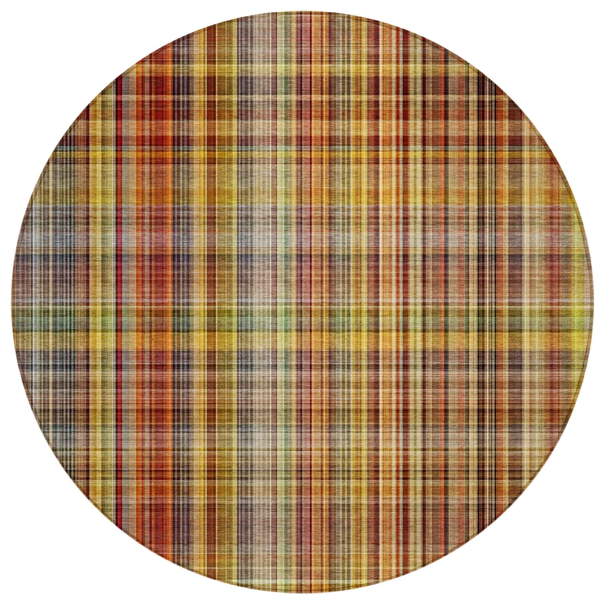 8' Round Orange Round Plaid Washable Non Skid Indoor Outdoor Area Rug