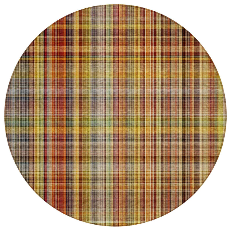 8' Round Orange Round Plaid Washable Non Skid Indoor Outdoor Area Rug