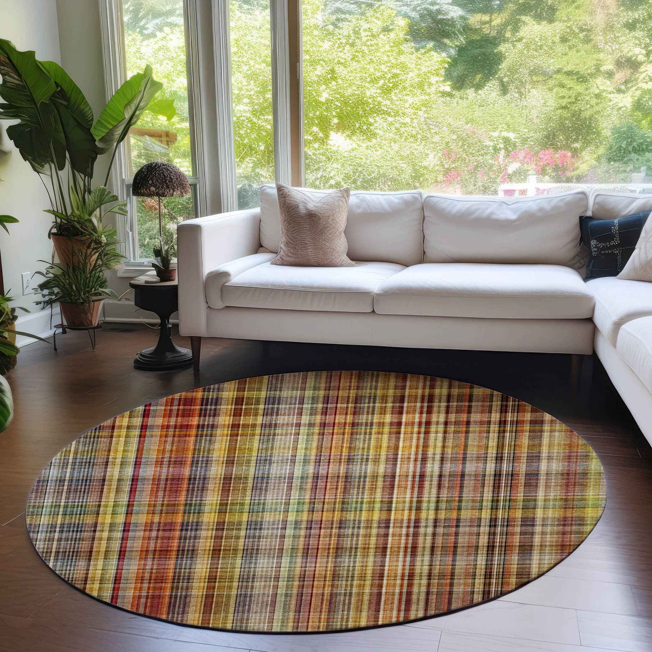 8' Round Orange Round Plaid Washable Non Skid Indoor Outdoor Area Rug