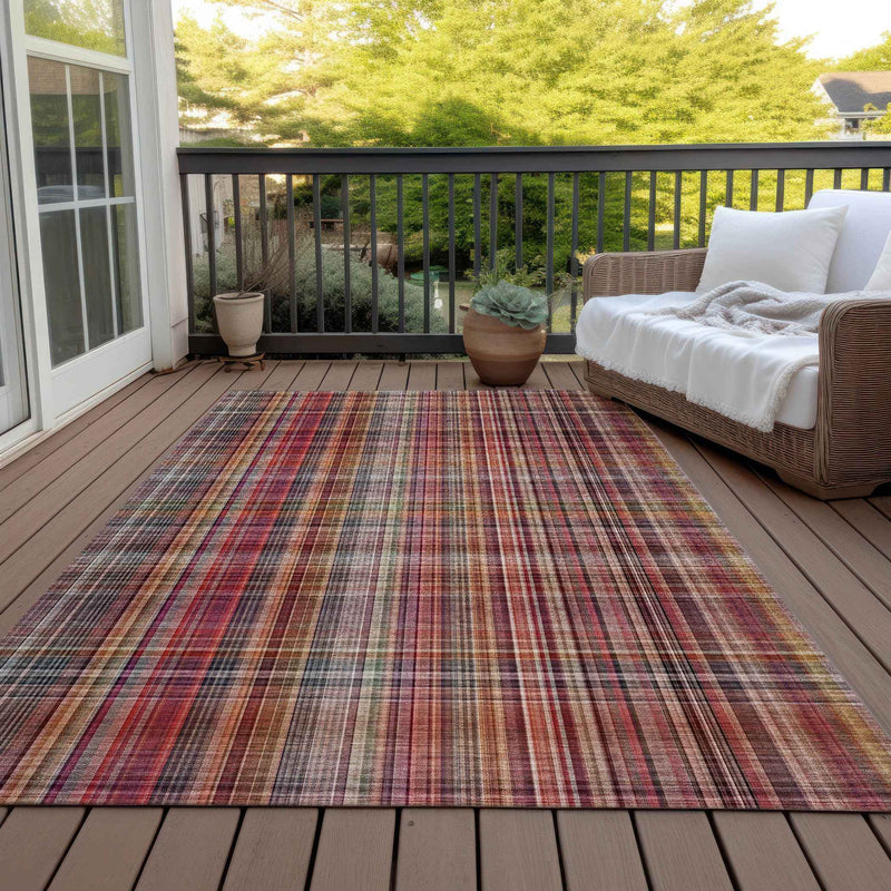 3' X 5' Red Orange and Brown Plaid Washable Non Skid Indoor Outdoor Area Rug