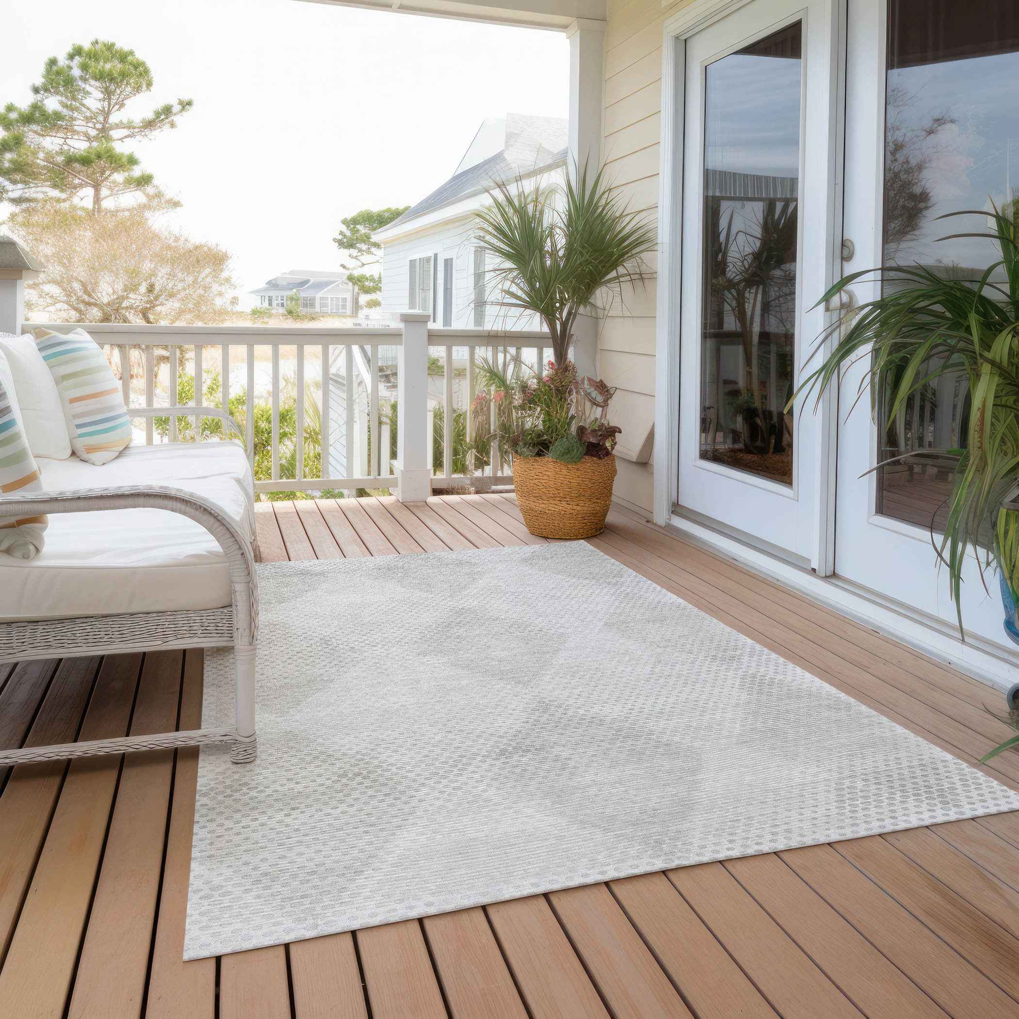 5' X 8' Ivory Geometric Washable Non Skid Indoor Outdoor Area Rug