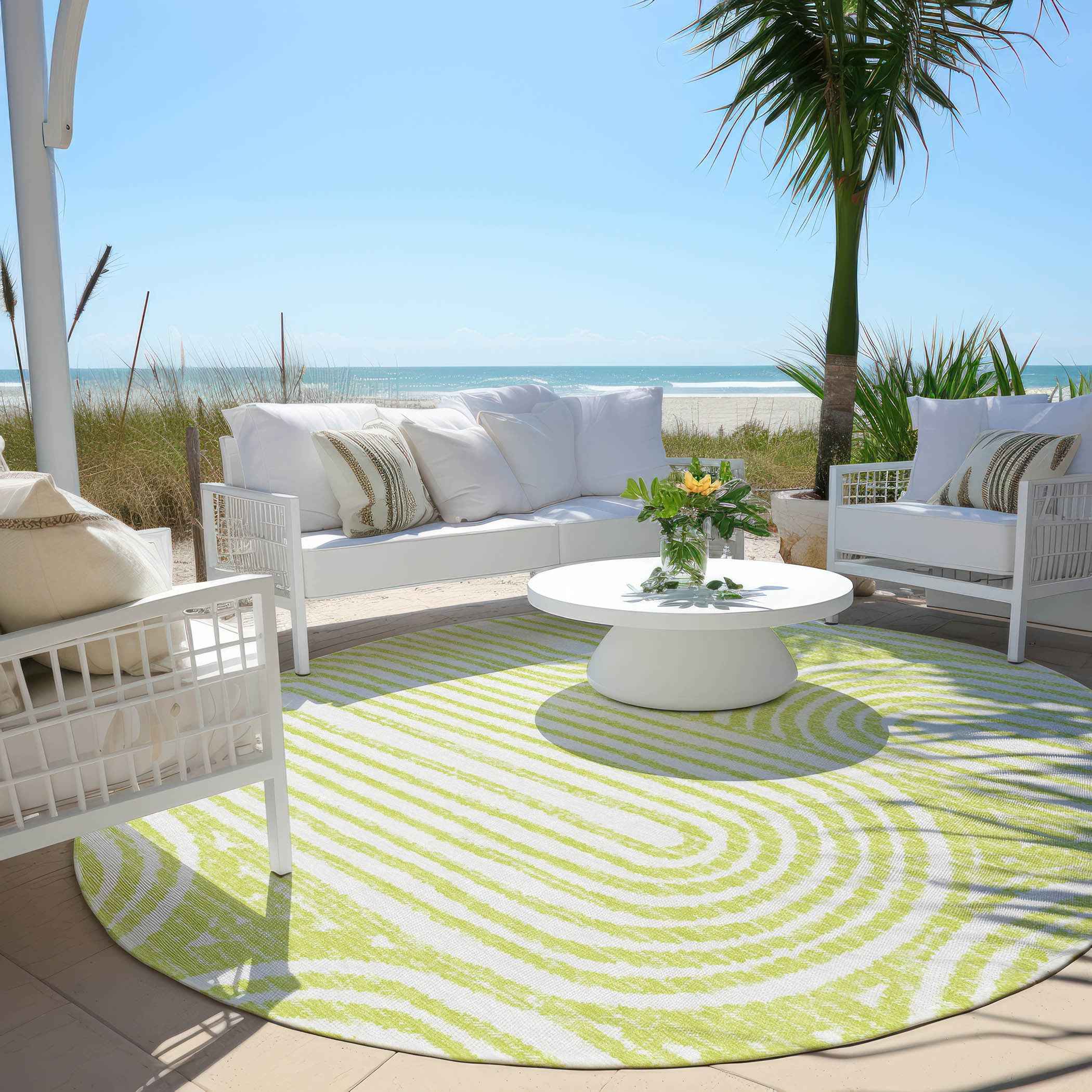 8' Round Green and White Round Abstract Washable Non Skid Indoor Outdoor Area Rug