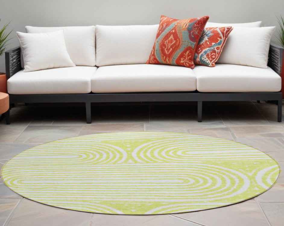 8' Round Green and White Round Abstract Washable Non Skid Indoor Outdoor Area Rug