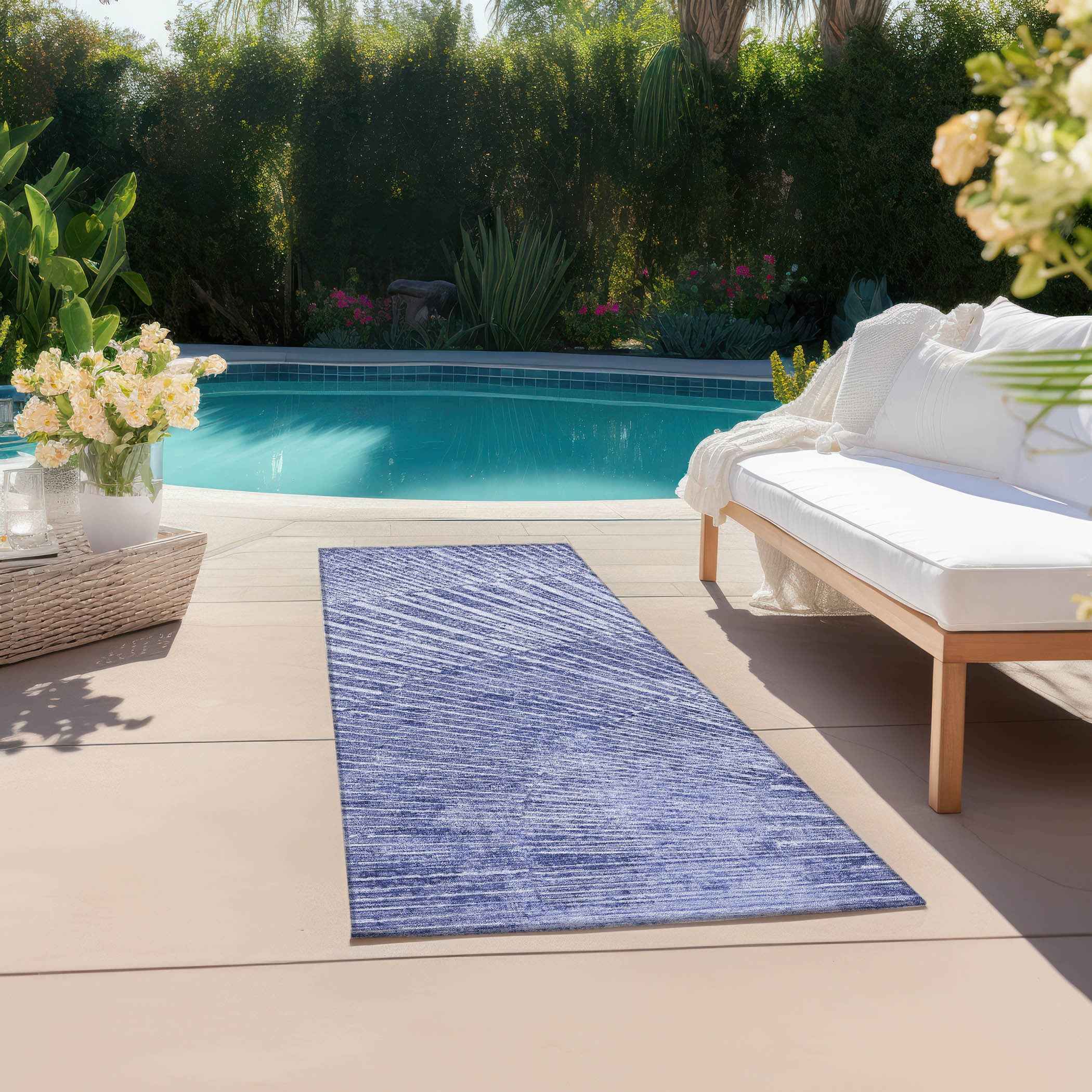 8' Runner Navy Blue Abstract Washable Non Skid Indoor Outdoor Runner Rug