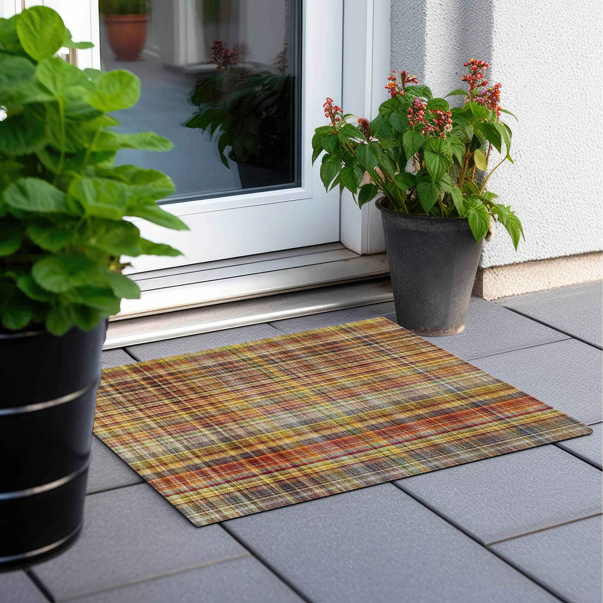 2' X 3' Orange Plaid Washable Non Skid Indoor Outdoor Area Rug