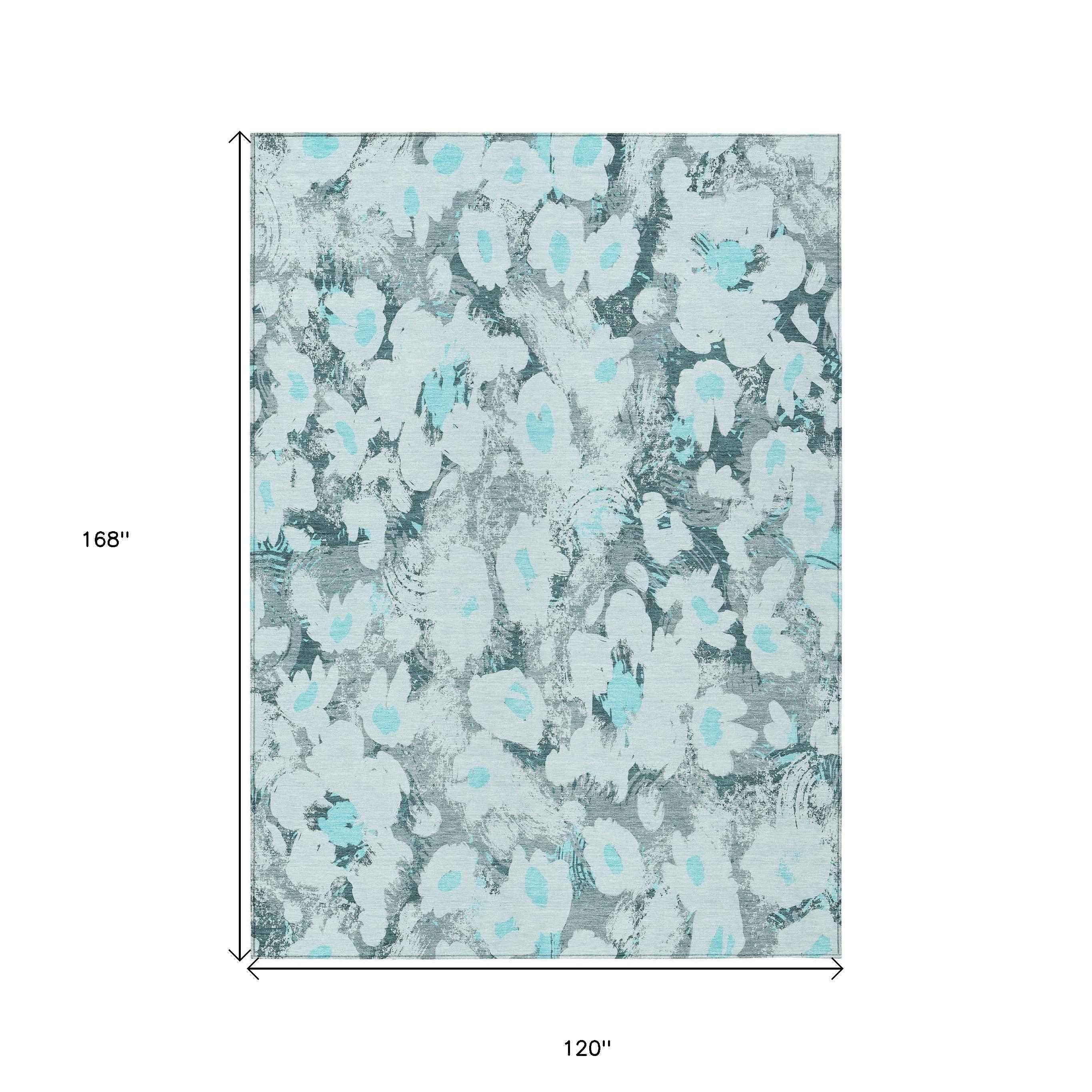 10' X 14' Teal Floral Washable Non Skid Indoor Outdoor Area Rug