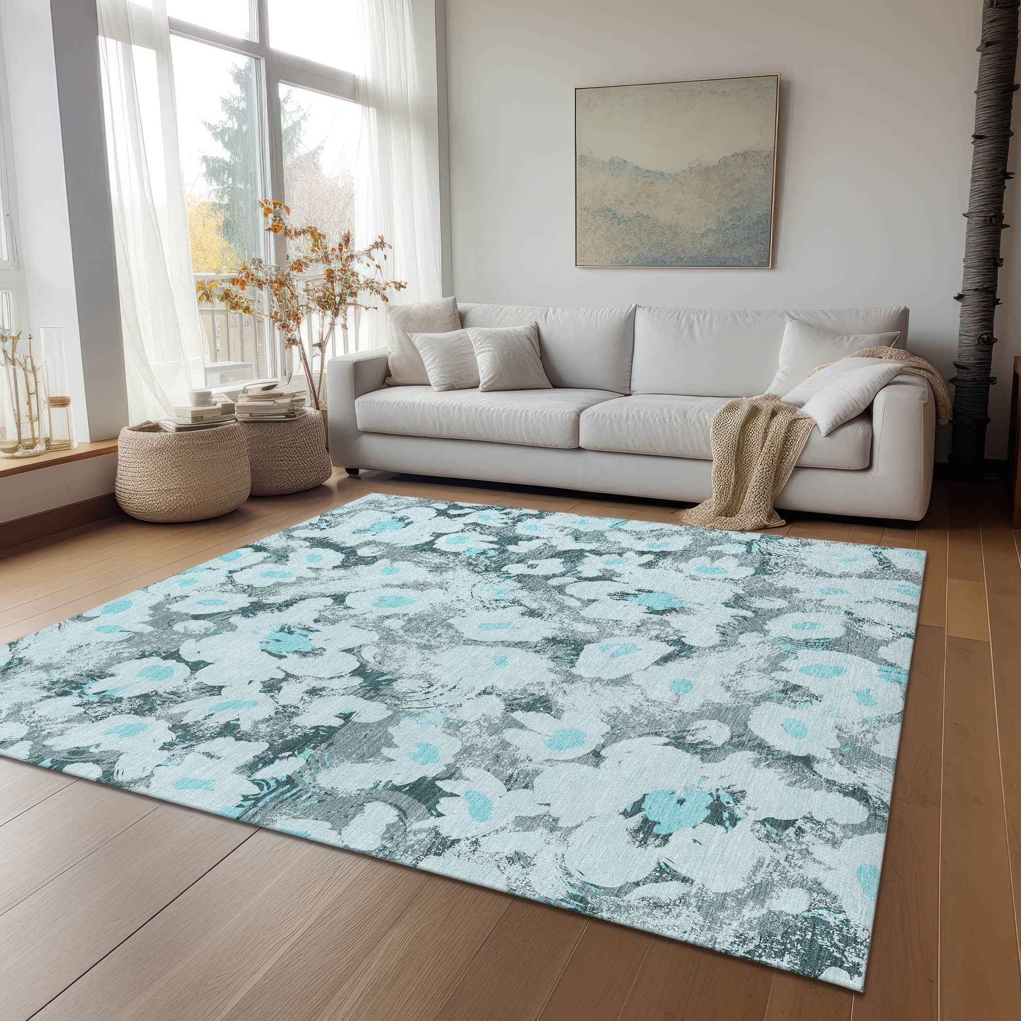 10' X 14' Teal Floral Washable Non Skid Indoor Outdoor Area Rug