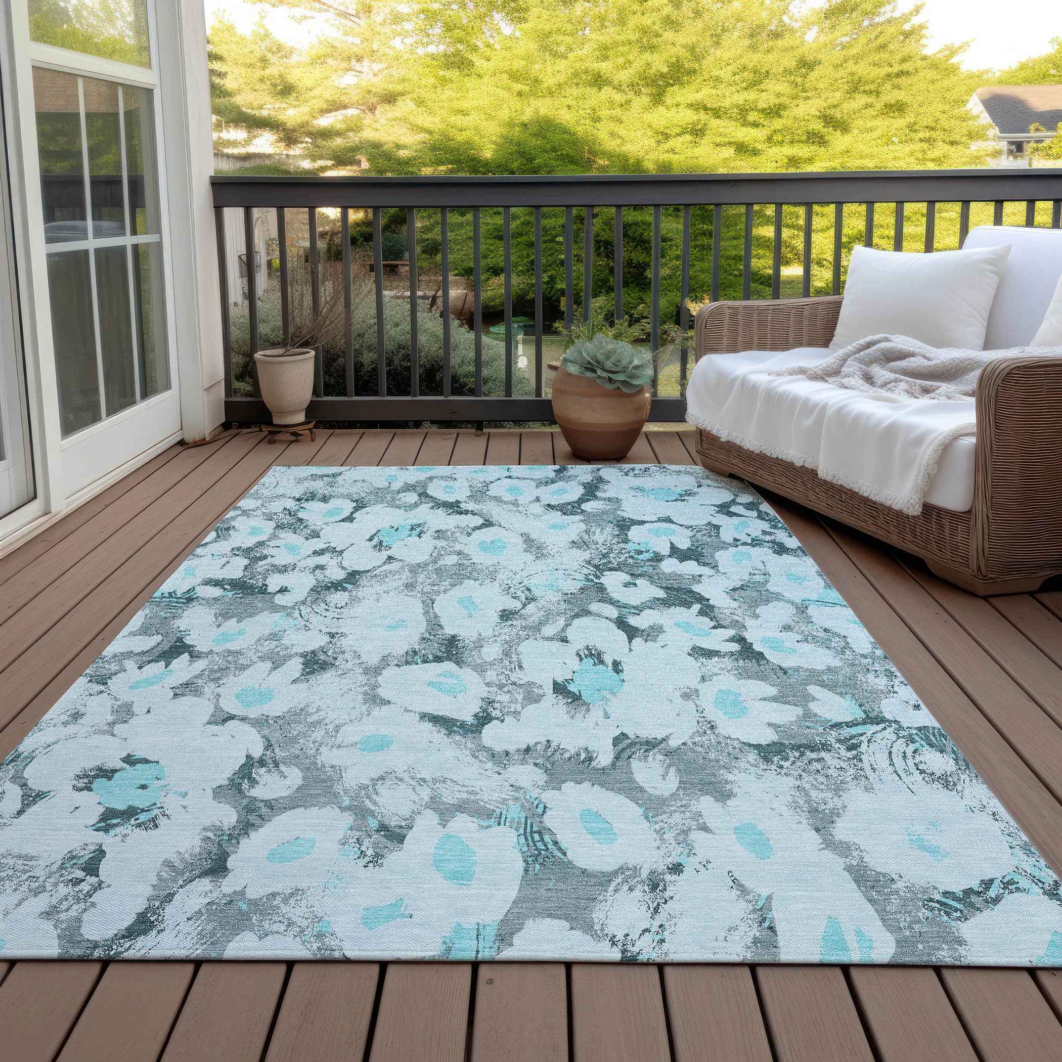 10' X 14' Teal Floral Washable Non Skid Indoor Outdoor Area Rug