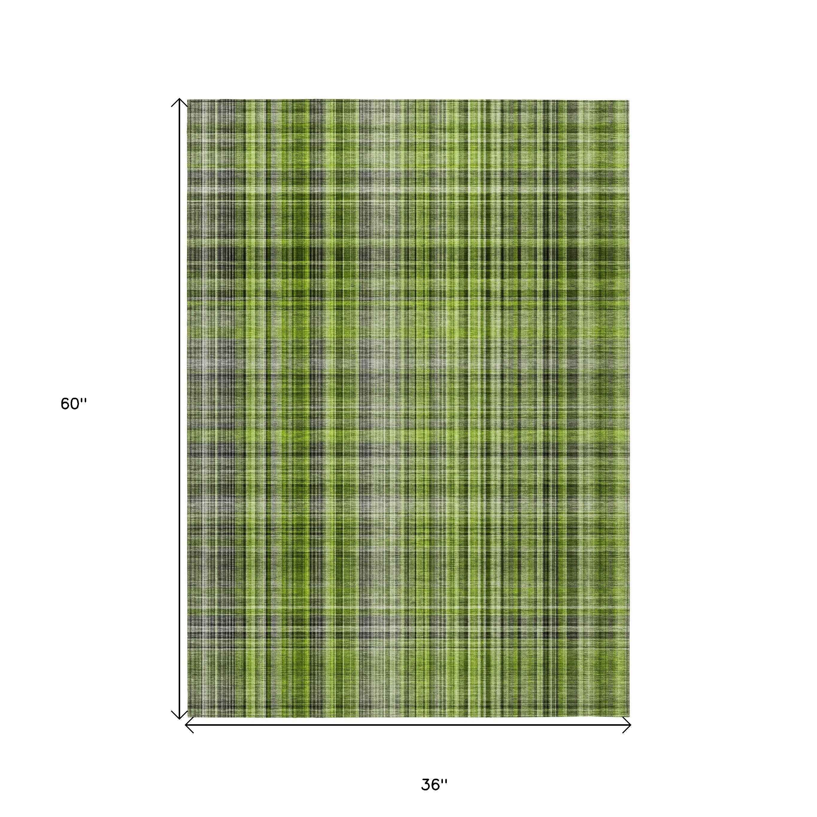 3' X 5' Green Plaid Washable Non Skid Indoor Outdoor Area Rug