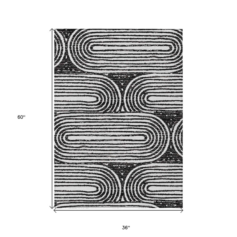 3' X 5' Black and White Abstract Washable Non Skid Indoor Outdoor Area Rug