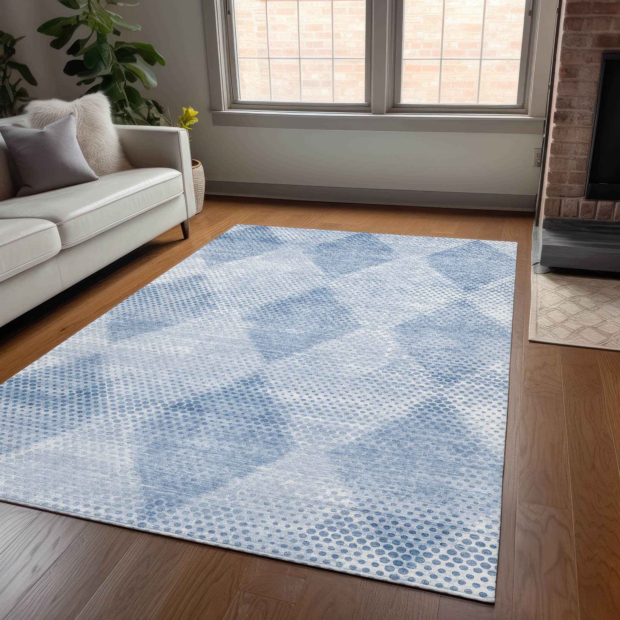 5' X 8' Blue Geometric Washable Non Skid Indoor Outdoor Area Rug