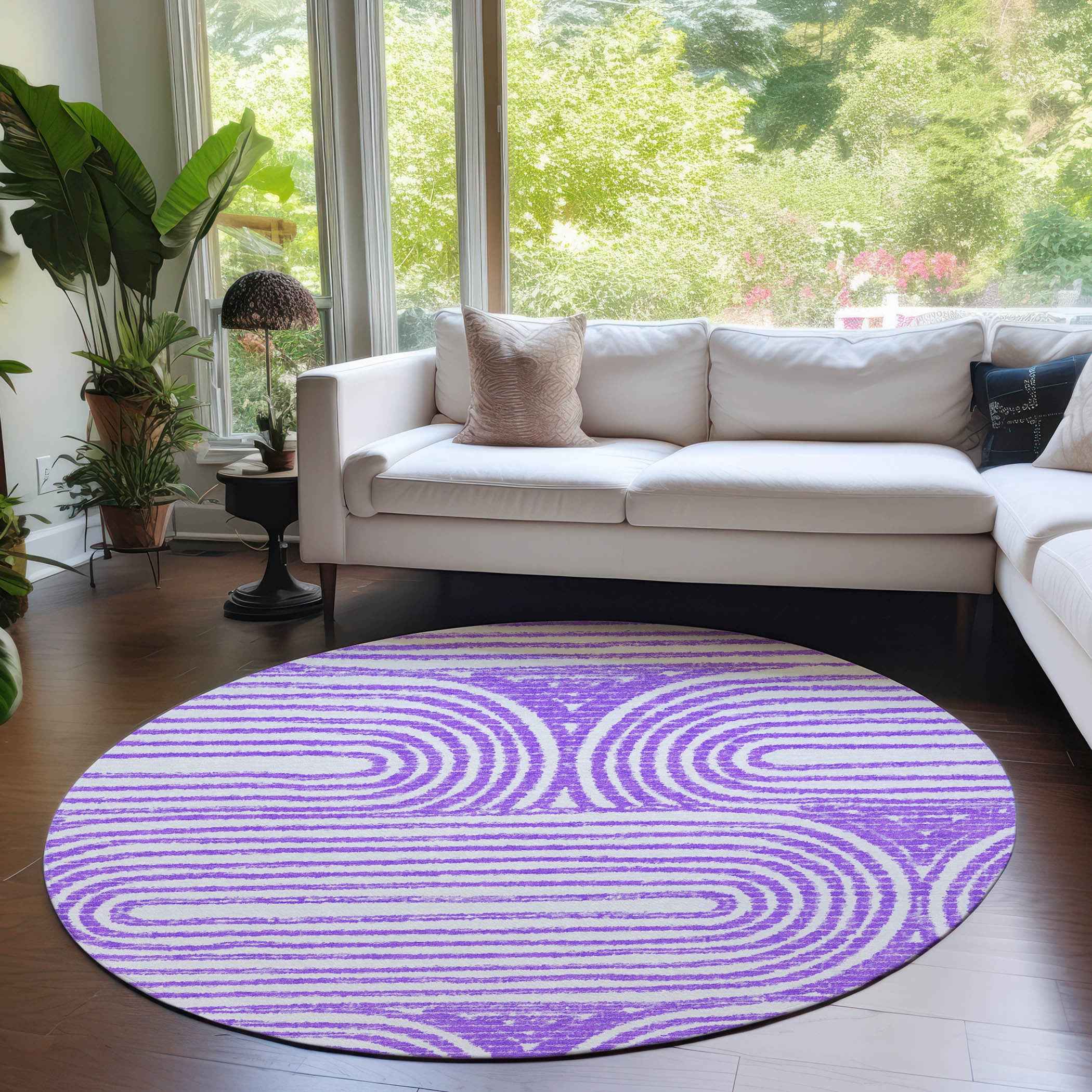 8' Purple And White Round Abstract Washable Indoor Outdoor Area Rug
