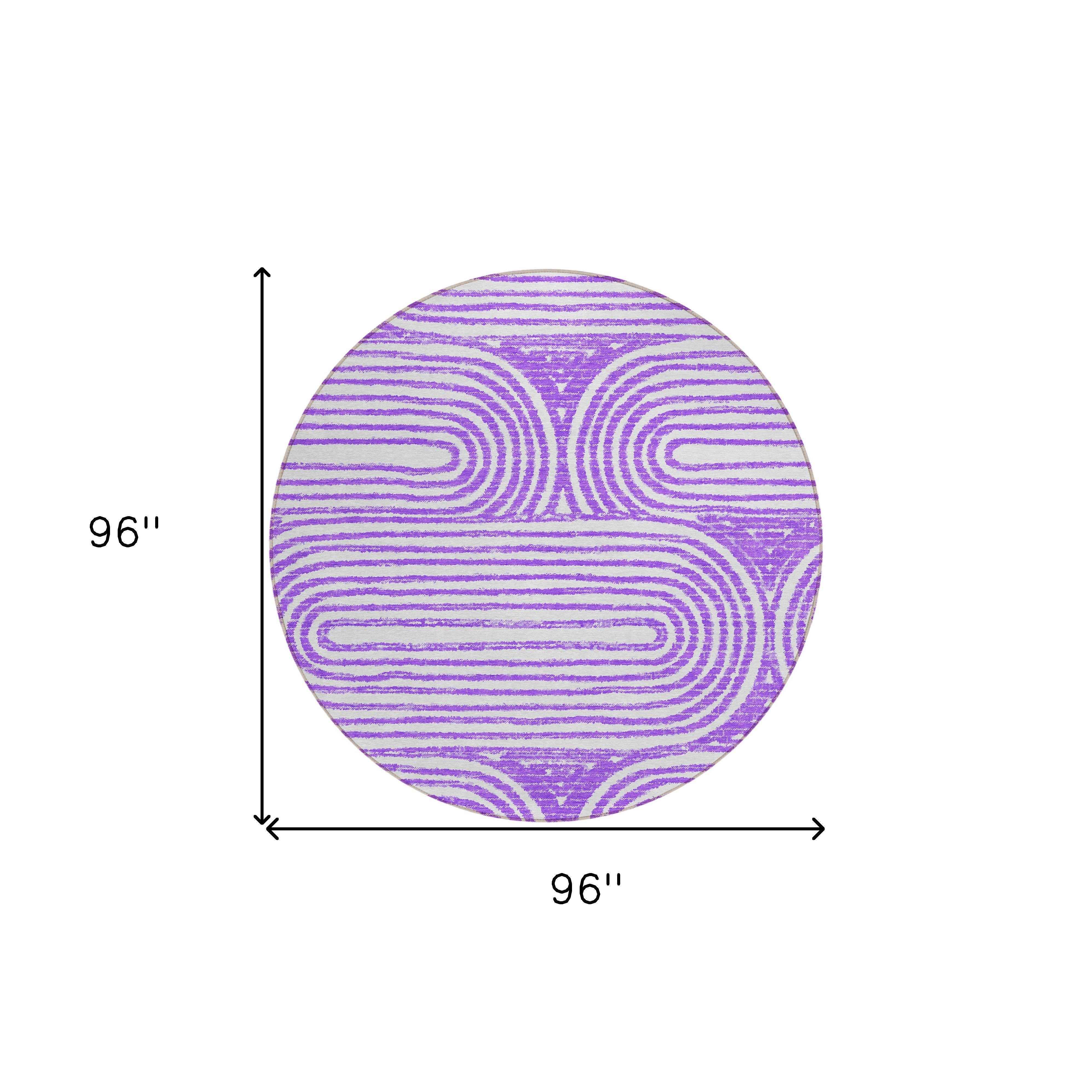 8' Purple And White Round Abstract Washable Indoor Outdoor Area Rug
