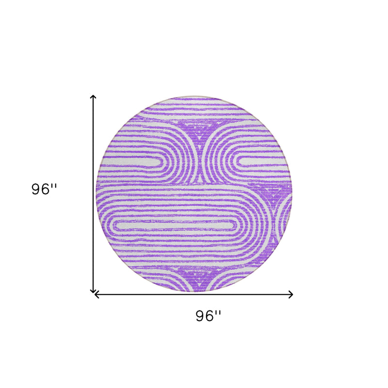 8' Purple And White Round Abstract Washable Indoor Outdoor Area Rug