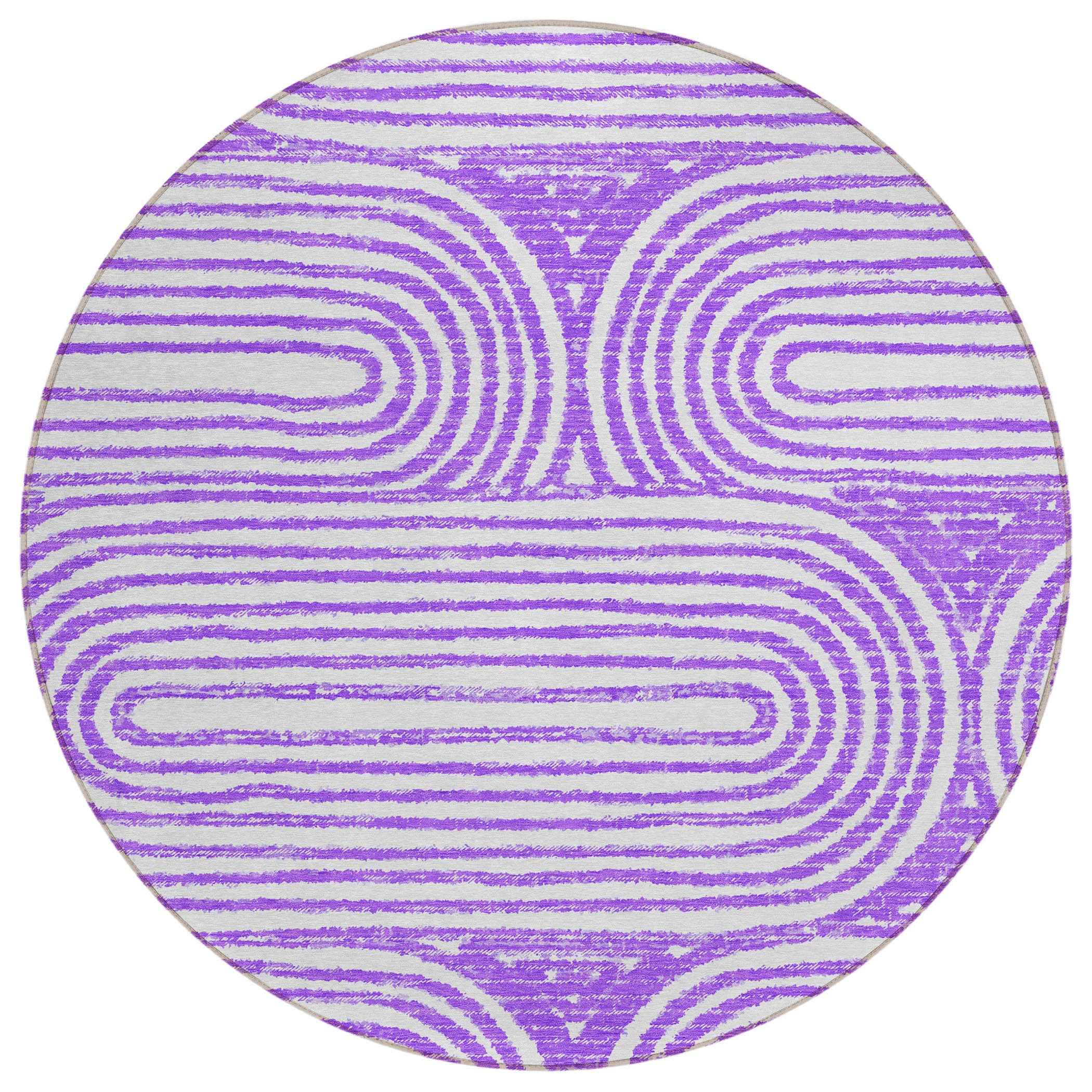 8' Purple And White Round Abstract Washable Indoor Outdoor Area Rug