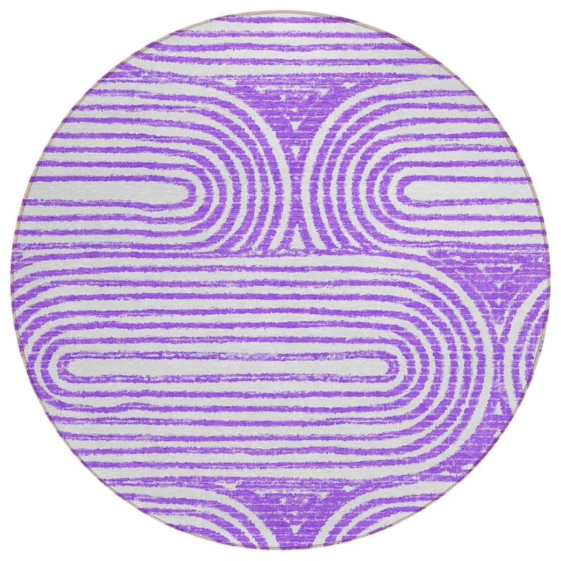 8' Purple And White Round Abstract Washable Indoor Outdoor Area Rug
