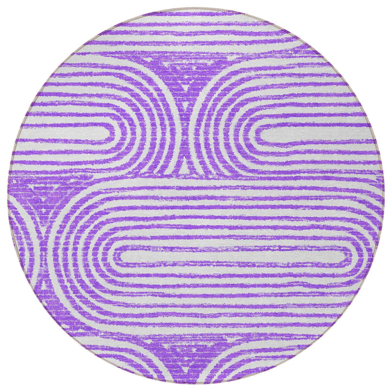 8' Purple And White Round Abstract Washable Indoor Outdoor Area Rug