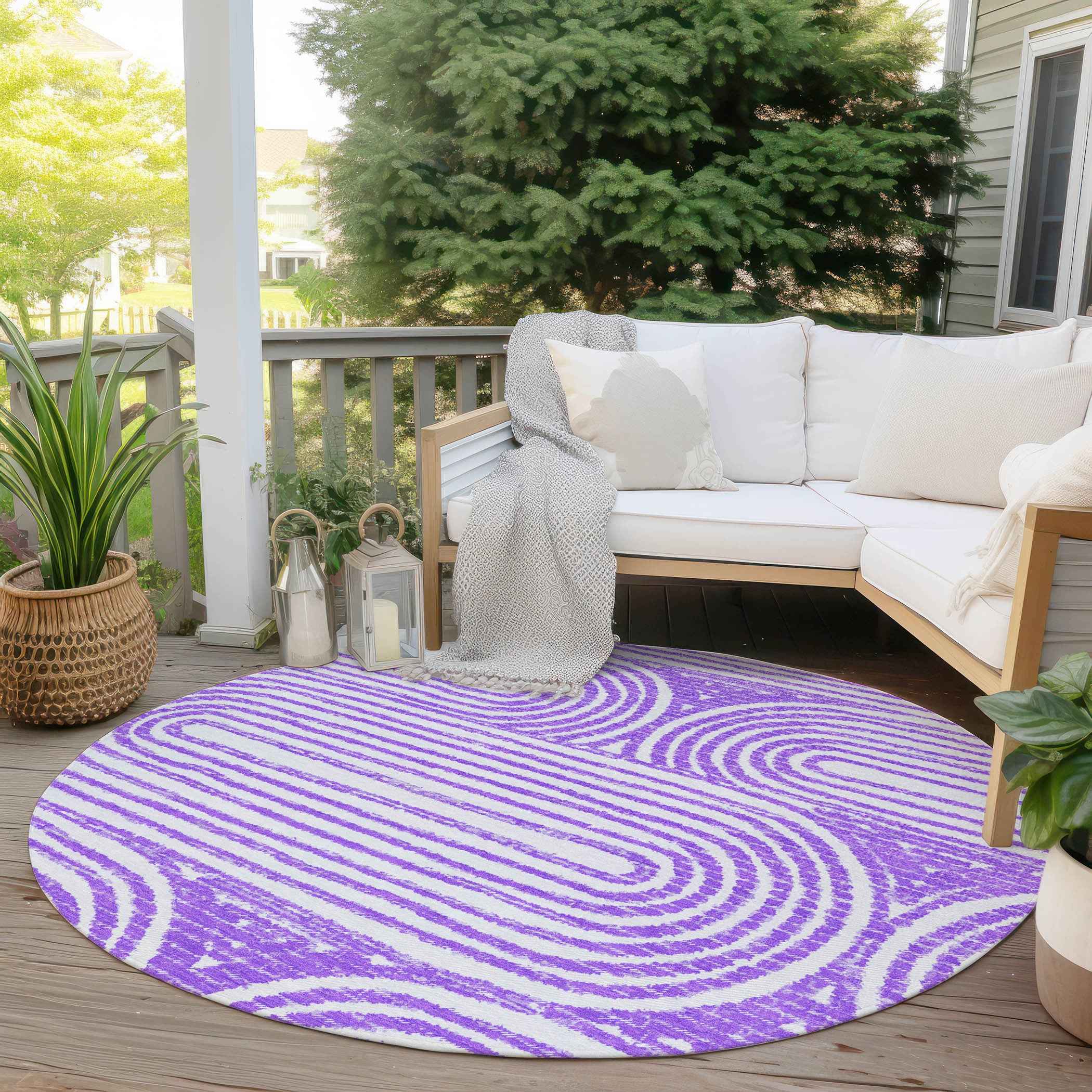 8' Purple And White Round Abstract Washable Indoor Outdoor Area Rug