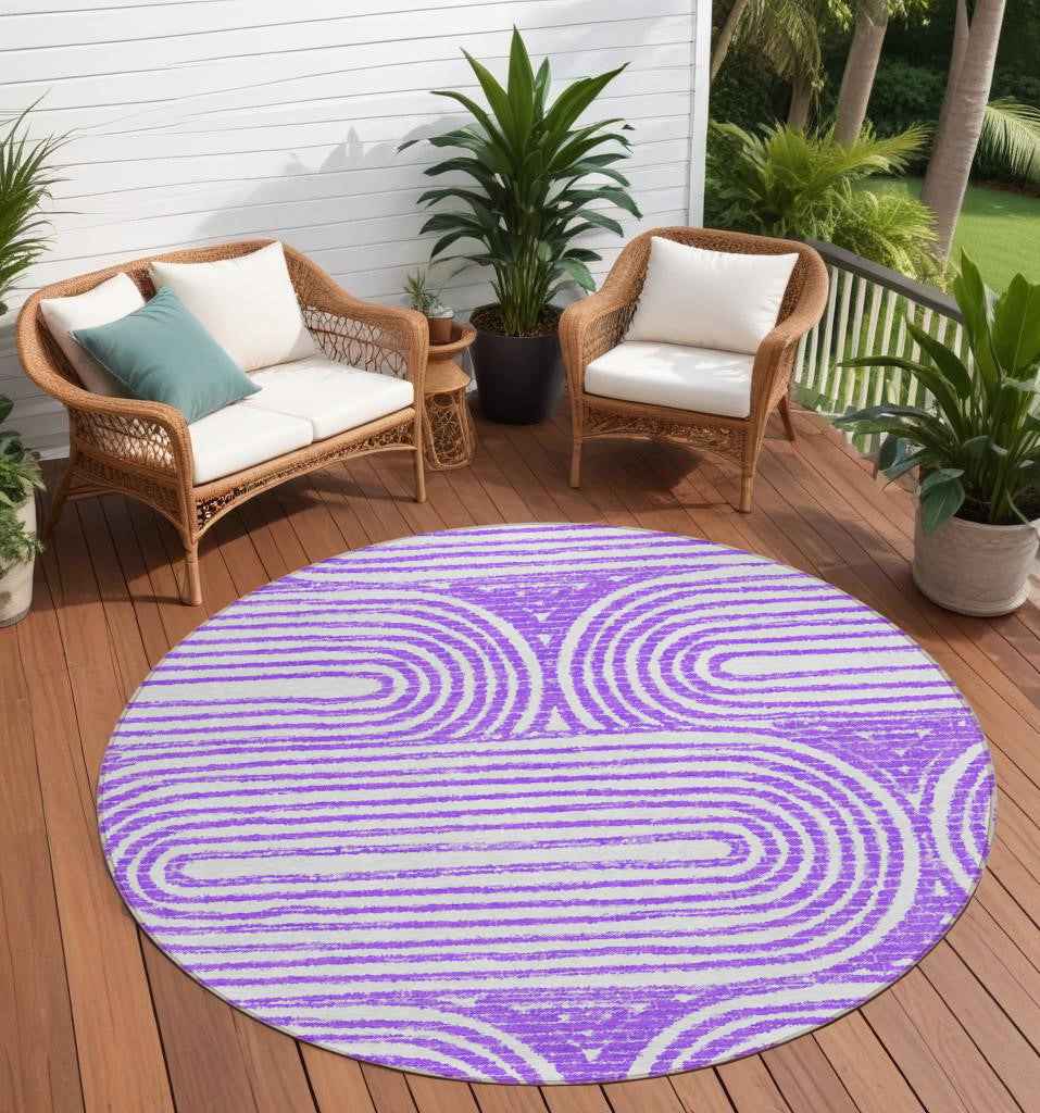 8' Purple And White Round Abstract Washable Indoor Outdoor Area Rug