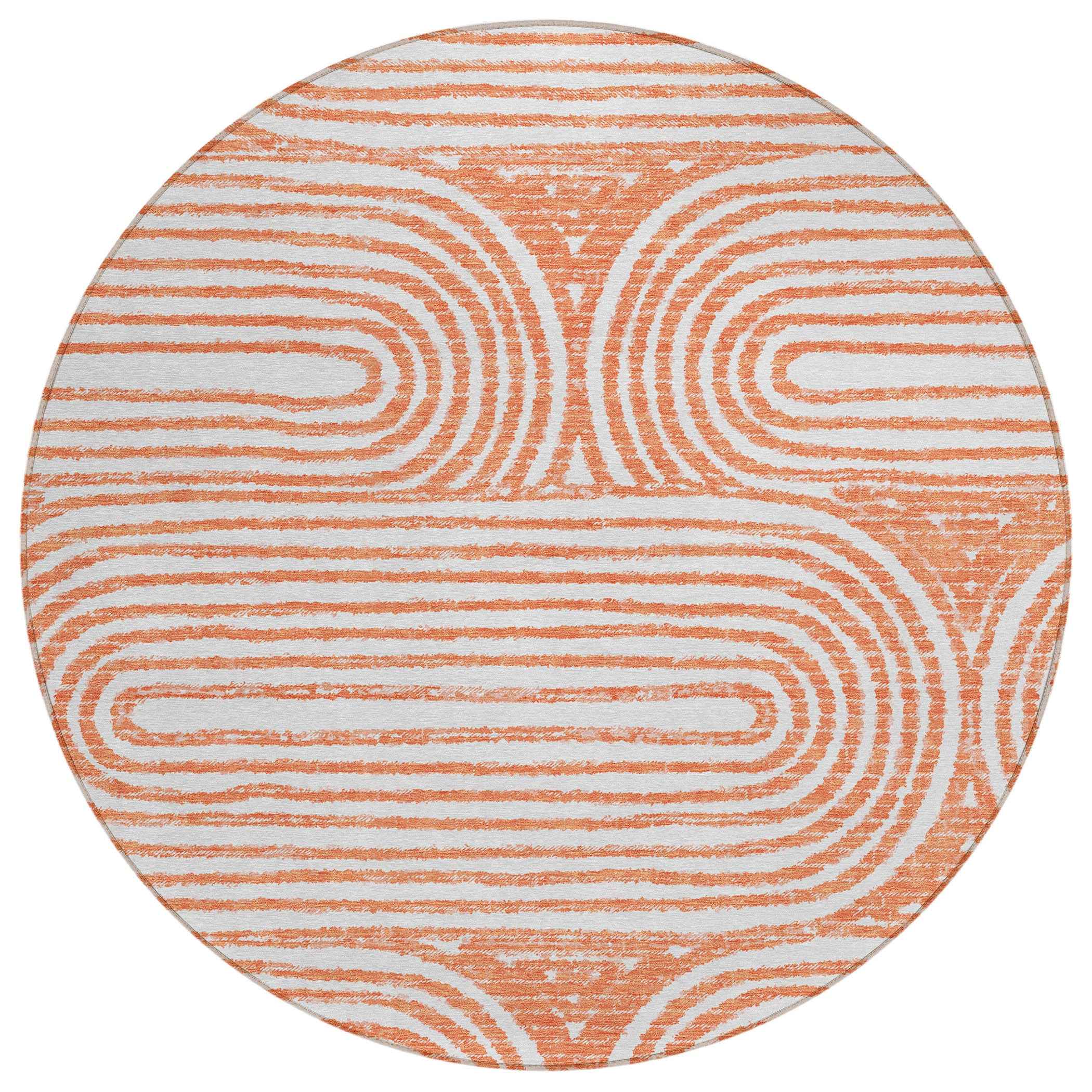 8' X 8' Orange and Ivory Round Abstract Washable Non Skid Indoor Outdoor Area Rug