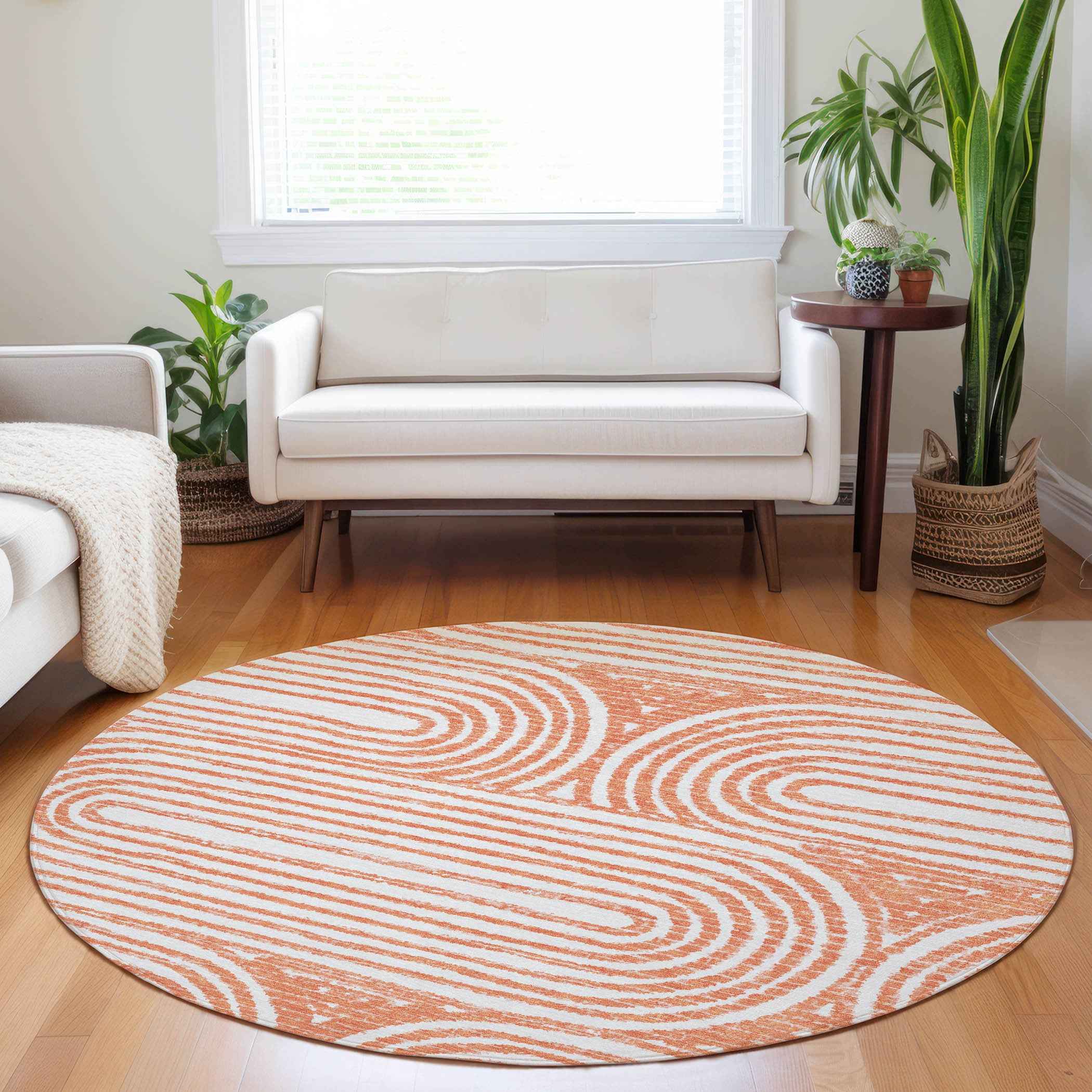 8' X 8' Orange and Ivory Round Abstract Washable Non Skid Indoor Outdoor Area Rug