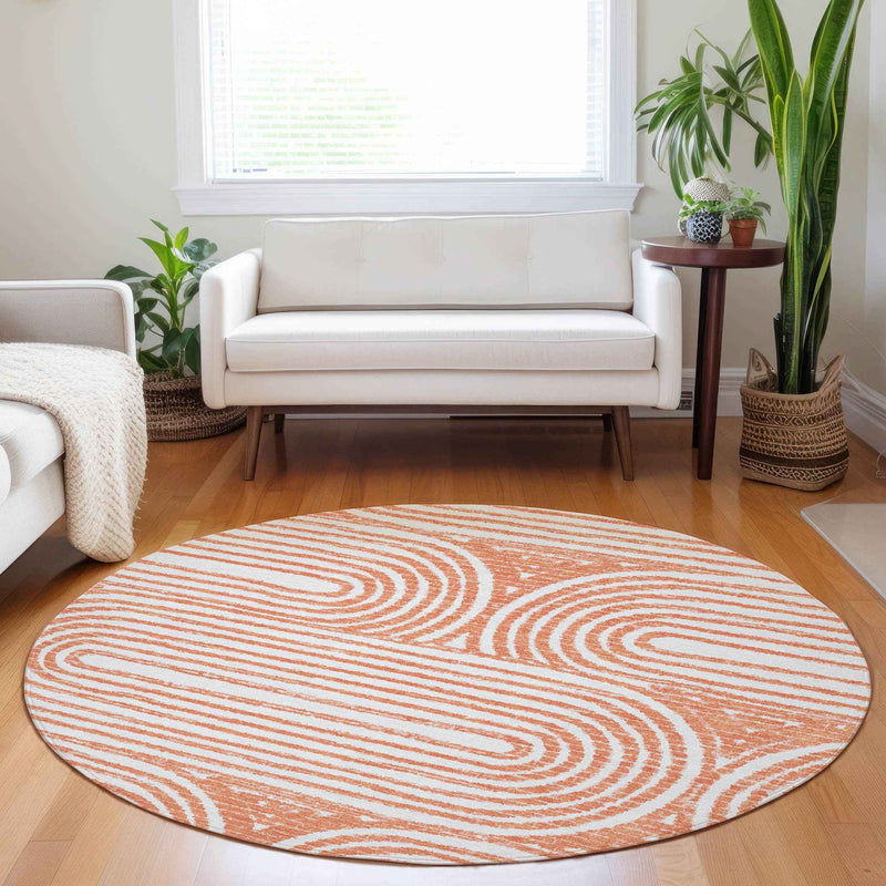 8' X 8' Orange and Ivory Round Abstract Washable Non Skid Indoor Outdoor Area Rug