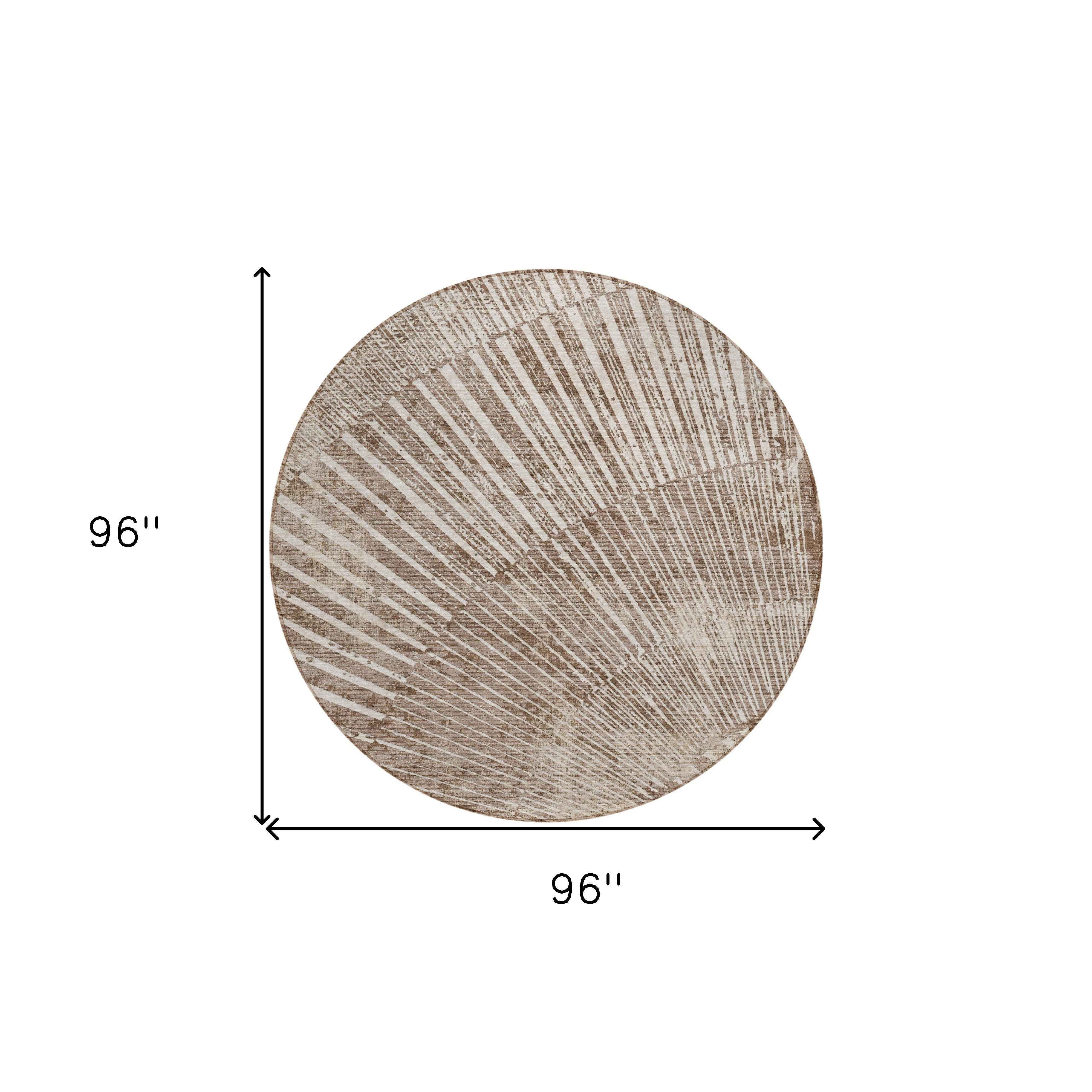 8' Round Taupe and Ivory Round Abstract Washable Non Skid Indoor Outdoor Area Rug