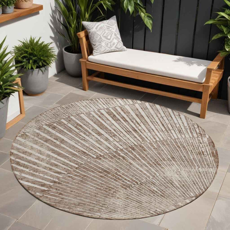 8' Round Taupe and Ivory Round Abstract Washable Non Skid Indoor Outdoor Area Rug