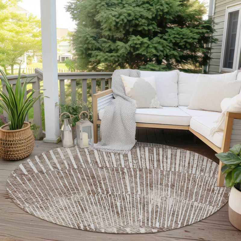 8' Round Taupe and Ivory Round Abstract Washable Non Skid Indoor Outdoor Area Rug