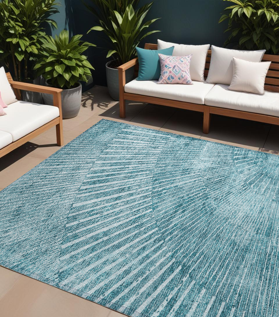 9' X 12' Teal Abstract Washable Non Skid Indoor Outdoor Area Rug