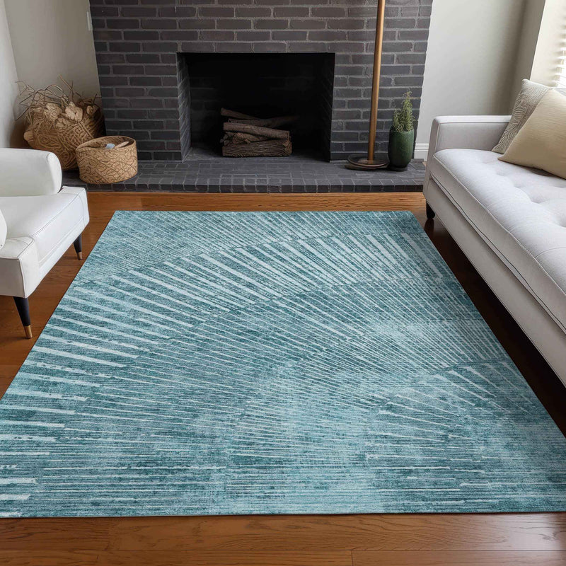 9' X 12' Teal Abstract Washable Non Skid Indoor Outdoor Area Rug